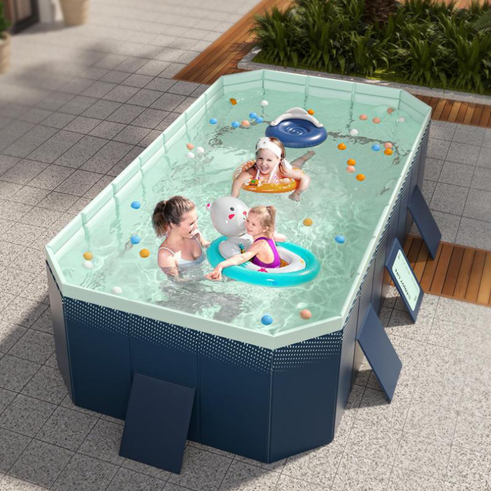 Foldable Non-Inflatable Hard Plastic Swimming Pool for Adults & Family - Collapsible Rectangle Outdoor Backyard Pool, Portable Pet Dog Bathing Tub (Dark Blue, 295cm) - Perfect for Summer Relaxation, Kids Playtime & Pet Cooling