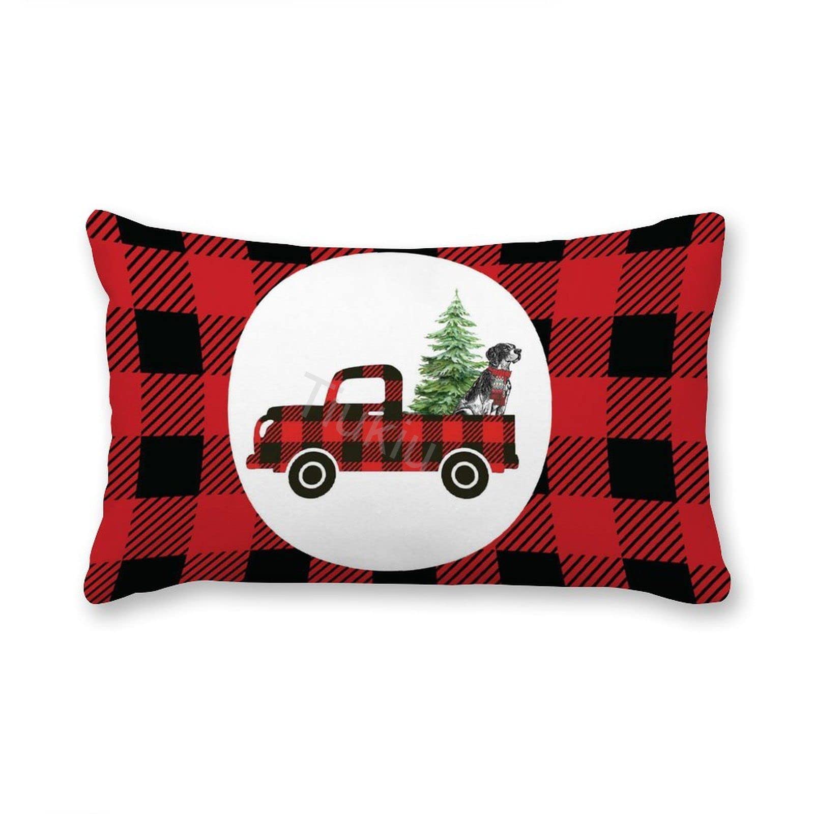 Decorative Lumbar Pillow Covers Set of 2 - Red Plaid Canvas Truck Design Rectangular Throw Pillow Cases (16x26 inches) for Sofa, Couch, Bed & Living Room - Perfect Farmhouse & Rustic Home Decor