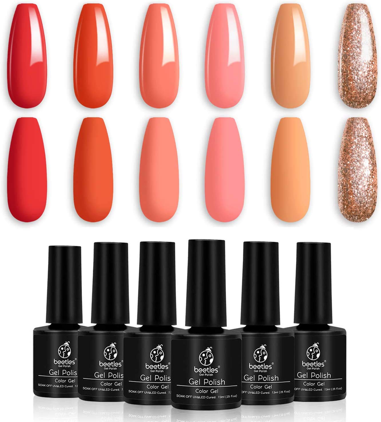 Beetles Gel Nail Polish Set - 6 Colors Just Peachy Red Orange Pink Glitter Soak Off LED Gel Nail Kit for Manicure & Nail Art | DIY at Home, Salon & Christmas Nail Designs | Perfect for Parties, Weddings & Holiday Nail Art
