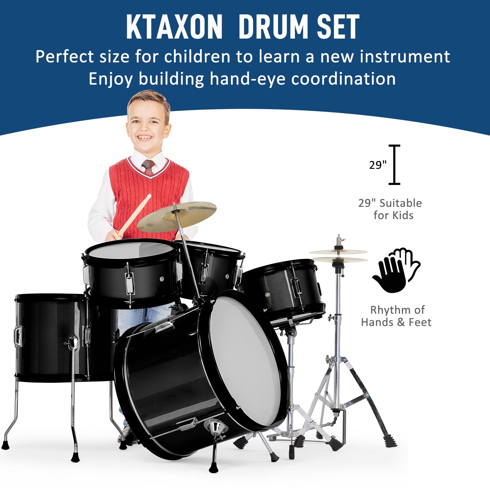 **Ktaxon 5-Piece Complete Junior Drum Set – 16 Inch Kids Drum Kit with Throne Stool, Pedal & Drumsticks – Includes Cymbal, Hi-Hat, Floor Tom, Snare Drum – Perfect for Beginners & Young Musicians (Black) – Ideal for Home Practice, Music Lessons & Kids' Performances**