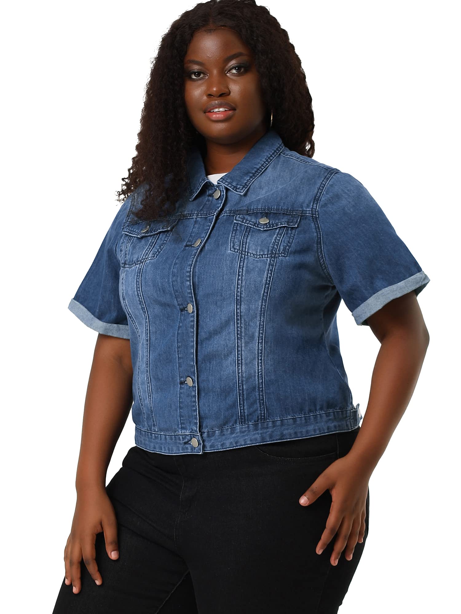 Agnes Orinda Women's Plus Size Denim Jacket - Button Front Work Crop Jean Jacket with Short Sleeves | Trendy 2025 Fashion | Perfect for Casual Outings, Work Wear & Spring Layering
