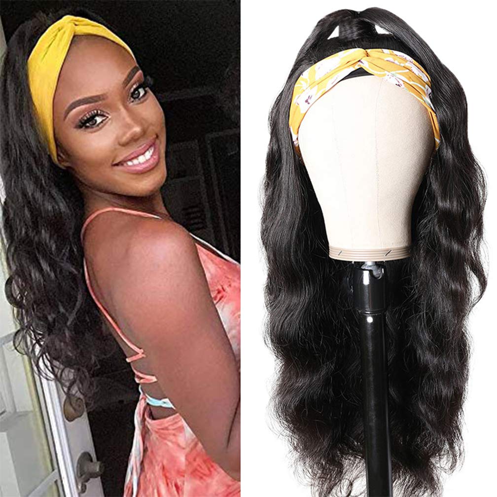 KXW Body Wave Headband Wig with Scarf - 150% Density Human Hair Glueless Lace Front Wig for Black Women | Loose Curly No-Lace Beginner Friendly Wig (10-26inch, Natural Black) | Perfect for Daily Wear, Parties & Special Occasions