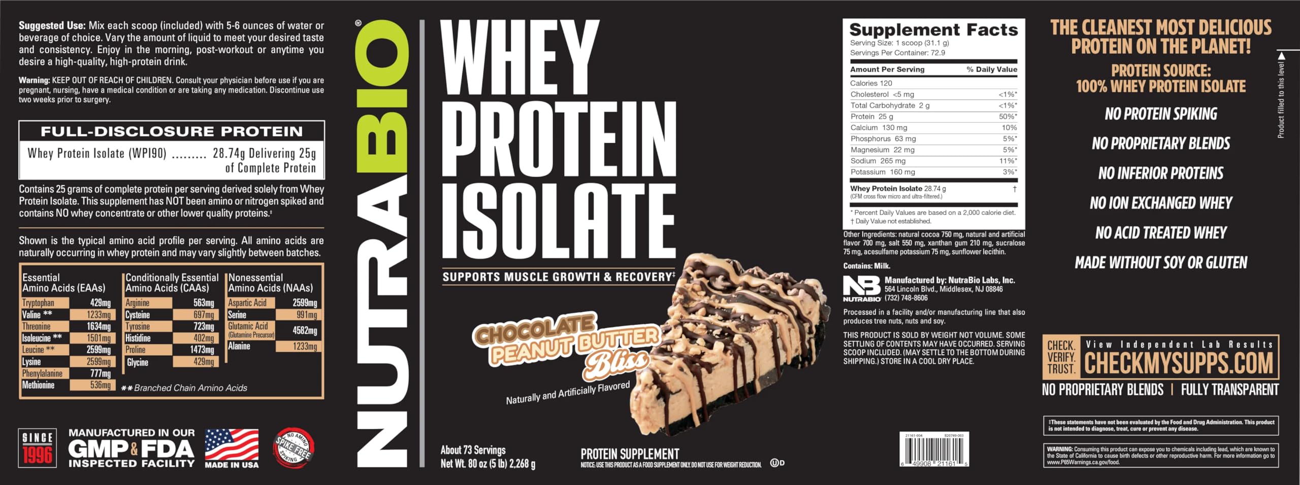 NutraBio Whey Protein Isolate Powder - 25g Protein per Scoop, Complete Amino Acid Profile, Soy & Gluten Free, Non-GMO, No Fillers - Chocolate Peanut Butter Flavor (5 Lbs) - Perfect for Post-Workout Recovery & Muscle Building