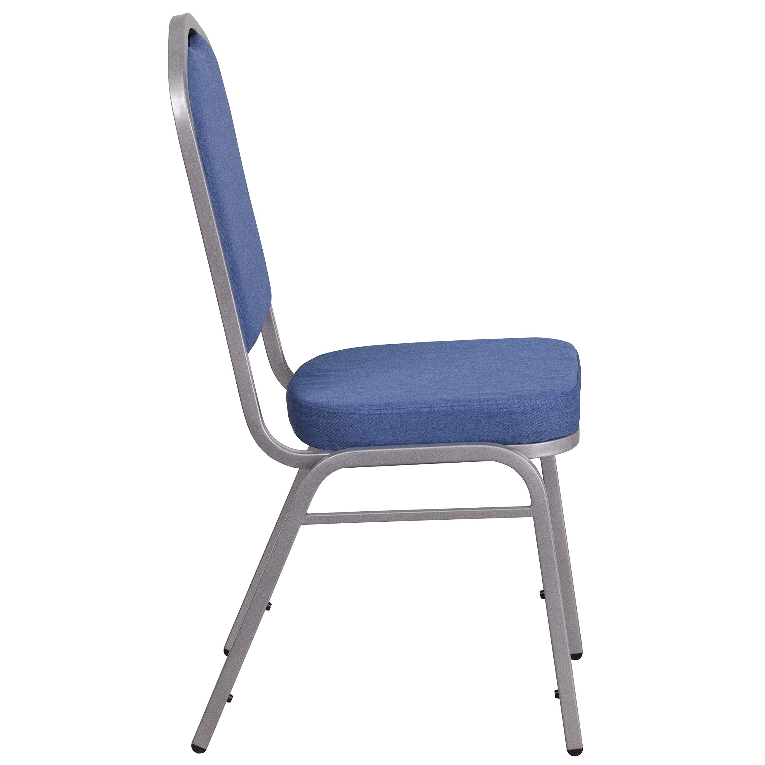 EMMA + OLIVER 4 Pack Blue Fabric Crown Back Stacking Banquet Chairs with Silver Frame - Perfect for Weddings, Events & Home Dining