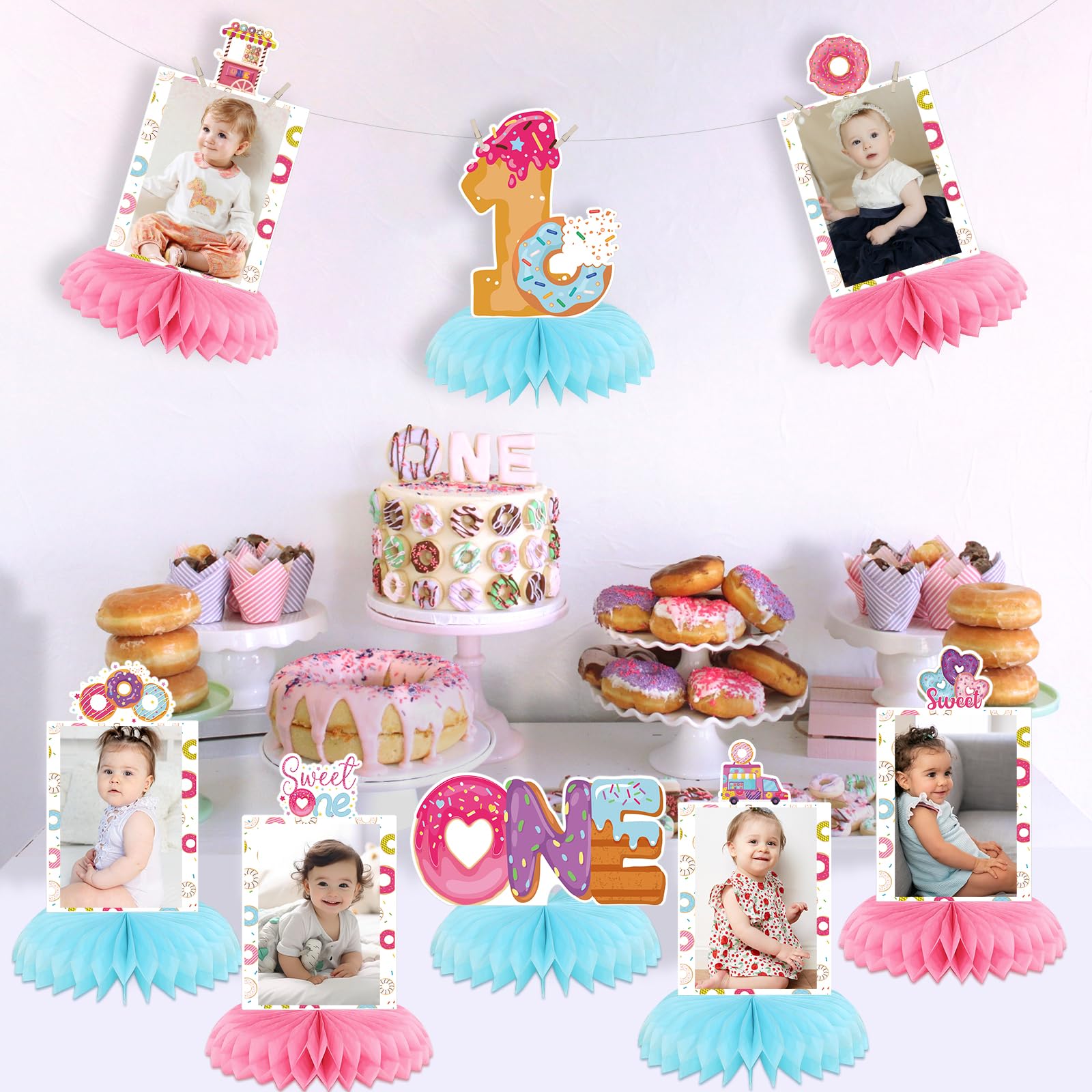 Sweet One Birthday Party Decorations Set - Honeycomb Donut Centerpieces for Tables, First Birthday Photo Backdrop & Party Supplies - Perfect for Girls' 1st Birthday, Baby Shower & Dessert-Themed Celebrations