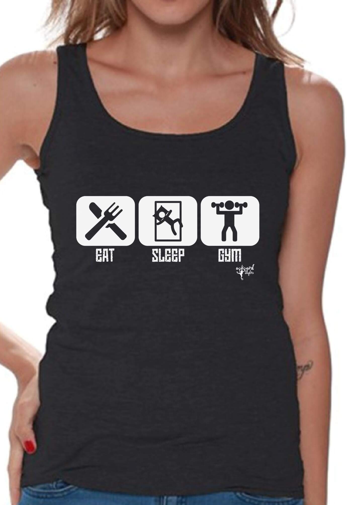 Funny Women's Gym Tank Top - Eat Sleep Gym Quote Workout Shirt for Women | White Fitness Apparel for Running, Yoga & Gym Training