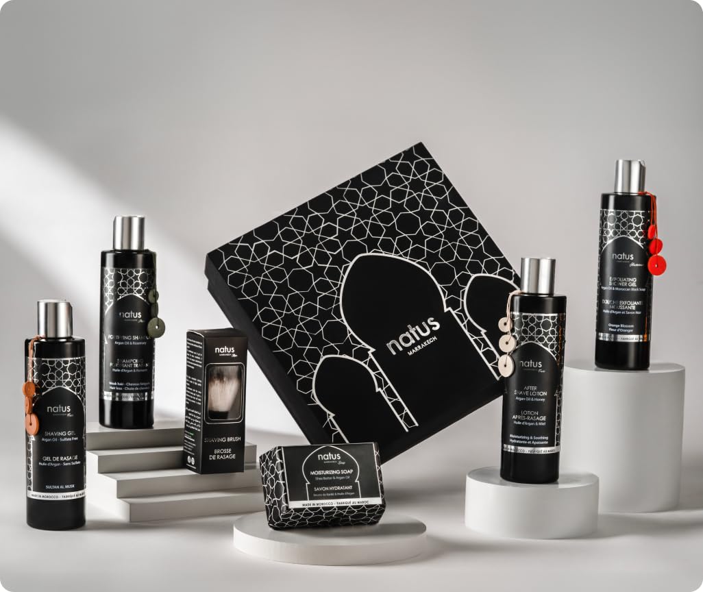Premium Men's Grooming Kit with Argan Oil - Natural Vegan Soap, Shampoo, Shower Gel, Shaving Cream & Aftershave Balm Set for All Skin & Hair Types - Includes Handmade Brush - Perfect for Travel, Gifts & Daily Skincare Routine