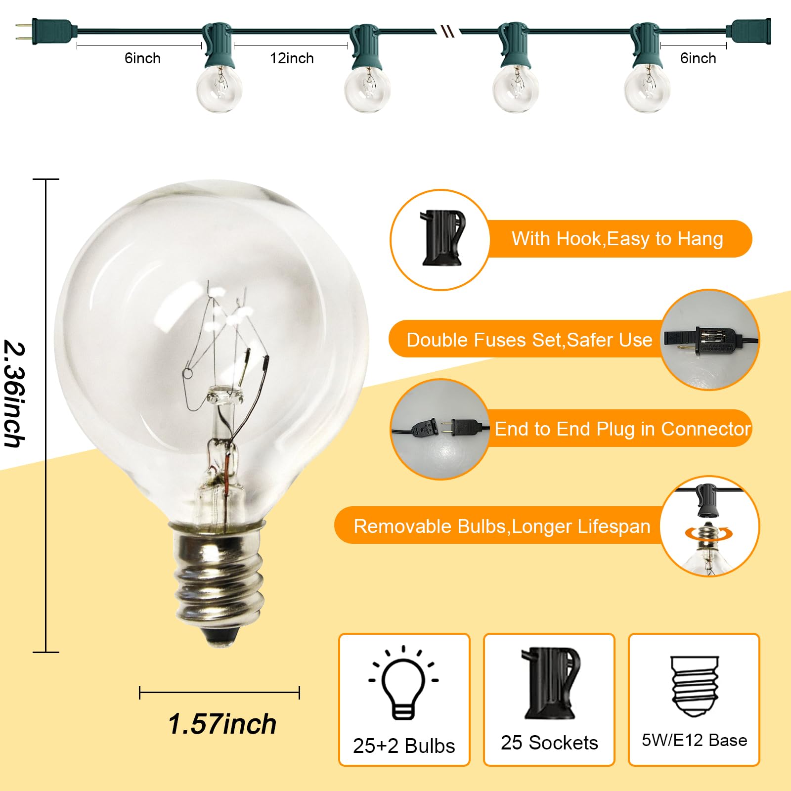 25Ft G40 Outdoor String Lights - 27 G40 Clear Incandescent Bulbs (2 Spare) | Waterproof Connectable Patio Lights for Garden, Backyard, Porch & Camping | Perfect for Christmas Decor, Parties & Outdoor Dining