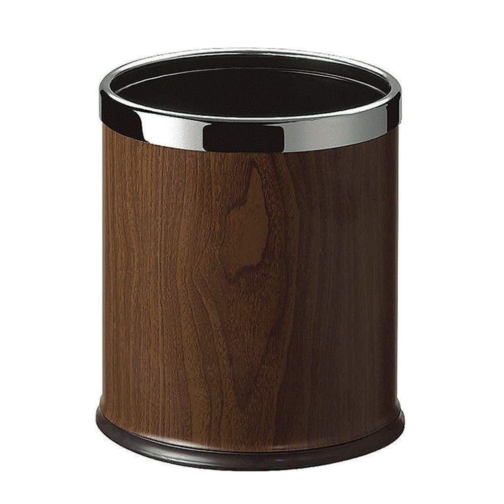 Metal & Wood Grain Round Double Trash Can - Black Mahogany - Paint, Bar, KTV, Washroom, Office, Home Use - No Cover Waste Bin for Stylish Spaces