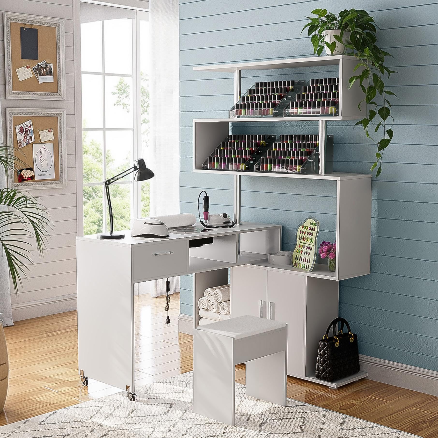 Professional L-Shaped Manicure Table with Built-in Dust Collector, Rotating Reversible Nail Tech Desk with Stool, 2-Way Drawers & Storage Shelves - Mobile Manicure Workstation on Wheels (White) - Perfect for Nail Salons, Home Studios & Professional Nail Technicians