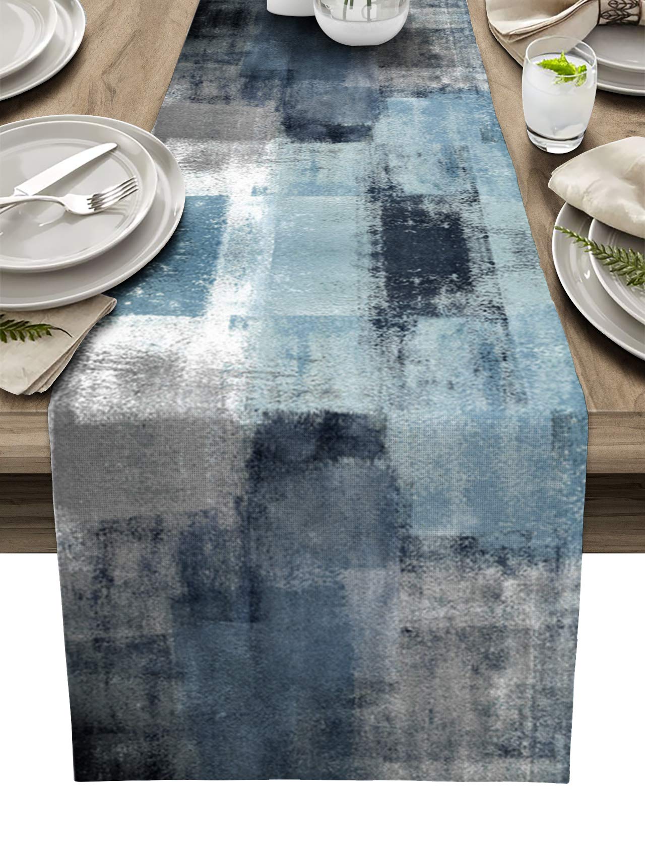 Dusty Blue Table Runner 13x120 Inch - Farmhouse Abstract Art Decor for Thanksgiving Dinner