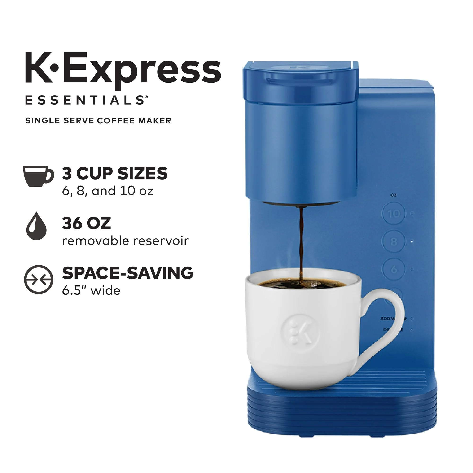 **K-Express Essentials Single Serve Coffee Maker - Compact K-Cup Pod Machine with 36 oz Water Reservoir, Fast Brewing & Travel Mug Compatible - Perfect for Home, Office & Travel (Navy Blue)**    *(Use Cases: Enjoy fresh coffee at home, in small offices, dorm rooms, or while traveling with this portable and space-saving coffee maker.)*