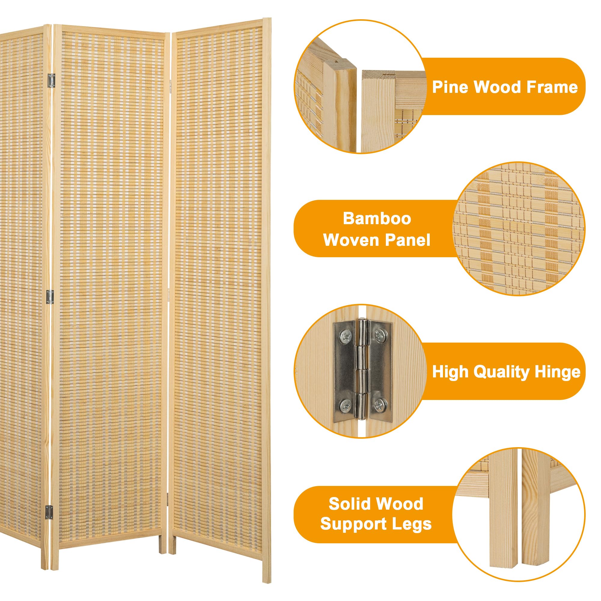 4 Panel Bamboo Room Divider - Folding Privacy Screen & Partition Wall for Living Room, Bedroom, Office - 66.9