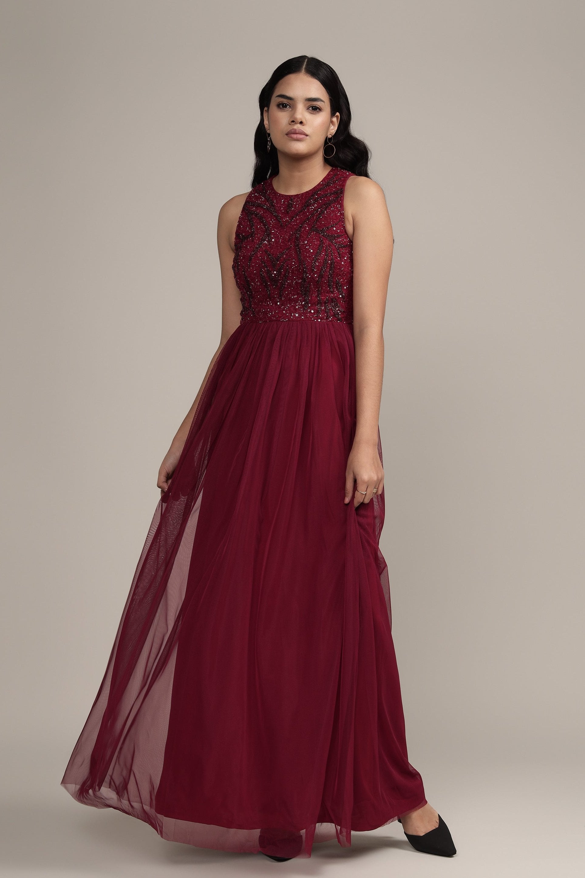 Linda Embellished Maxi Dress in Burgundy - Elegant Long Formal Evening Gown for Women | Perfect for Weddings, Parties & Special Occasions