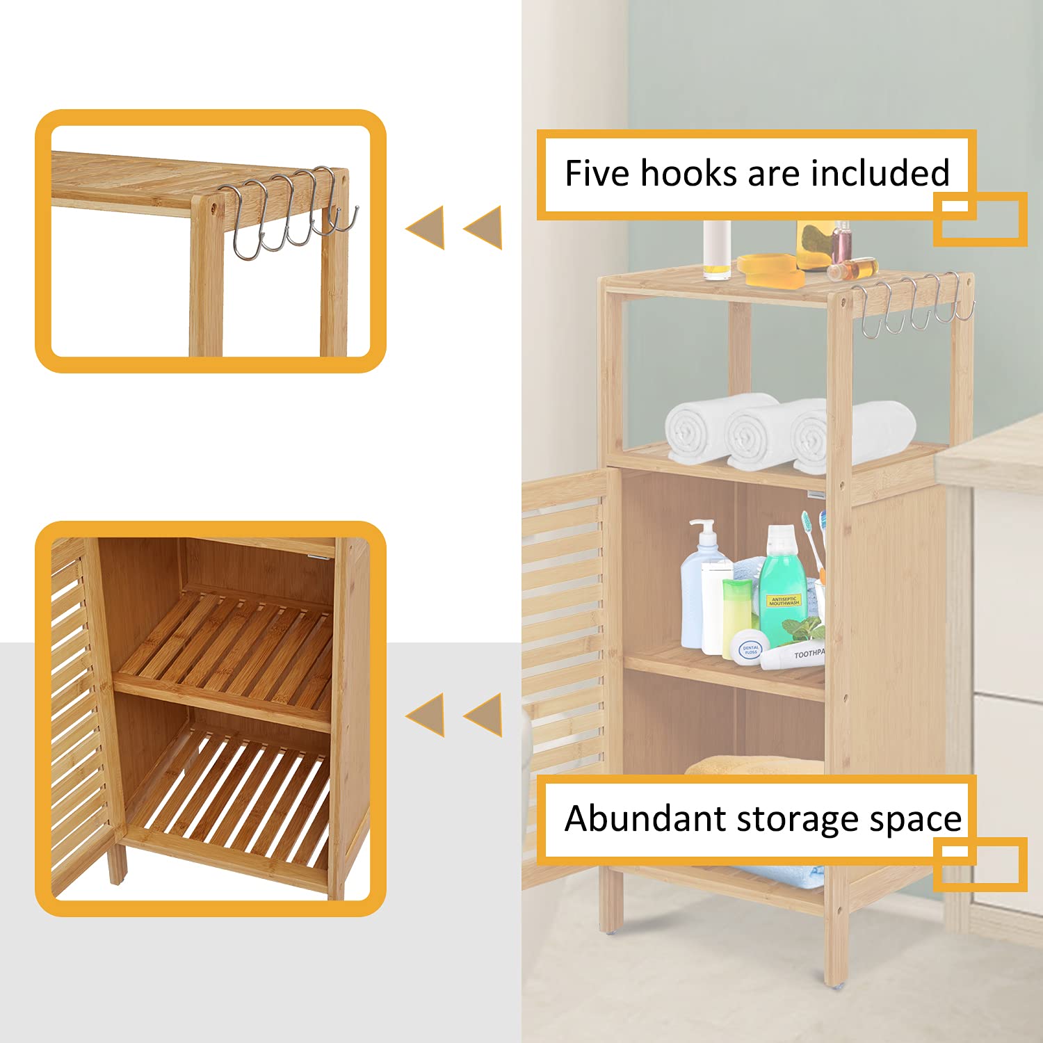 Kinfant Bamboo Bathroom Floor Cabinet - Free-Standing Storage Organizer with Single Door & Shelf | Perfect for Bathroom, Bedroom, and Laundry Room Organization