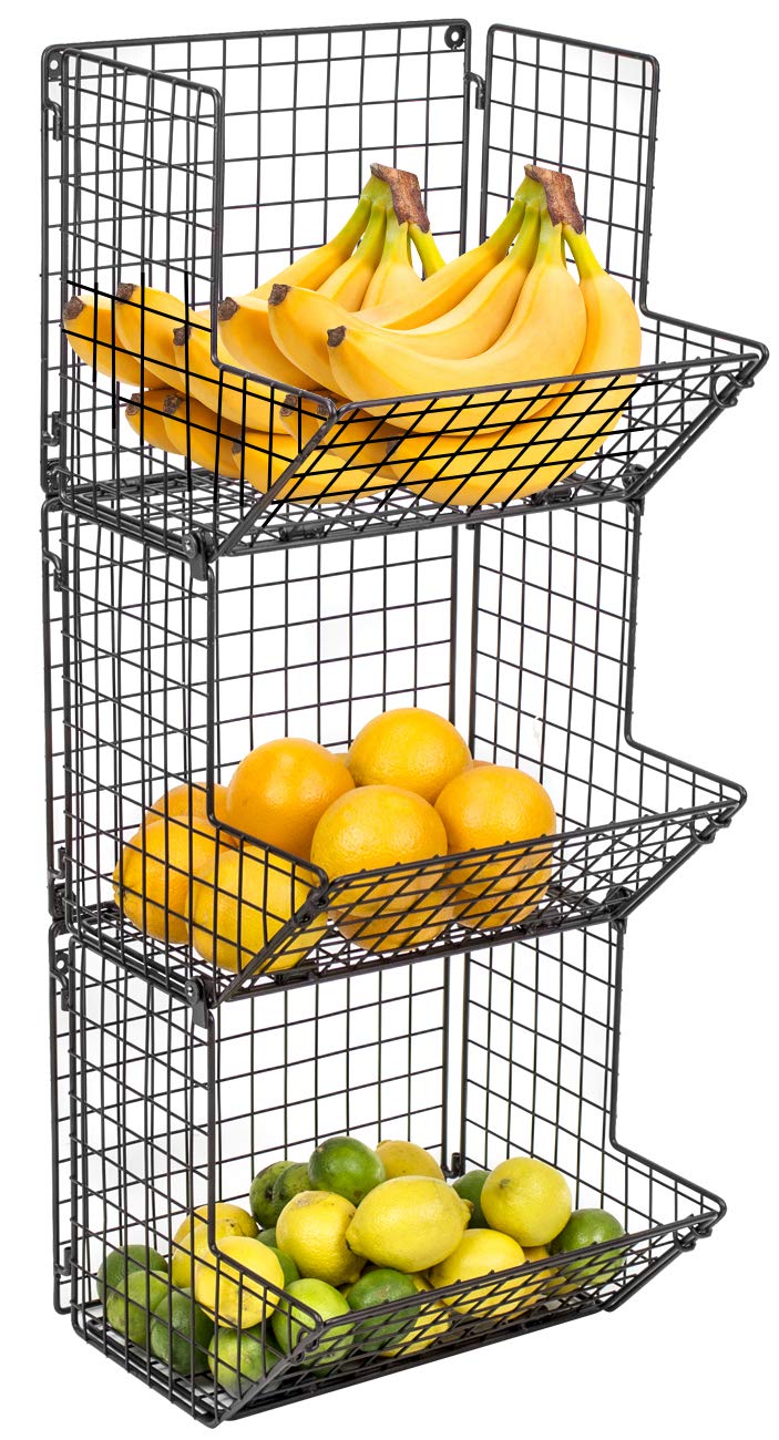 Sorbus 3-Tier Hanging Wall Mounted Wire Metal Basket Organizer - Kitchen Storage for Fruits, Vegetables, Potatoes & Onions - Bathroom Tower Storage Solution (Black) | Perfect for Small Space Organization & Produce Display