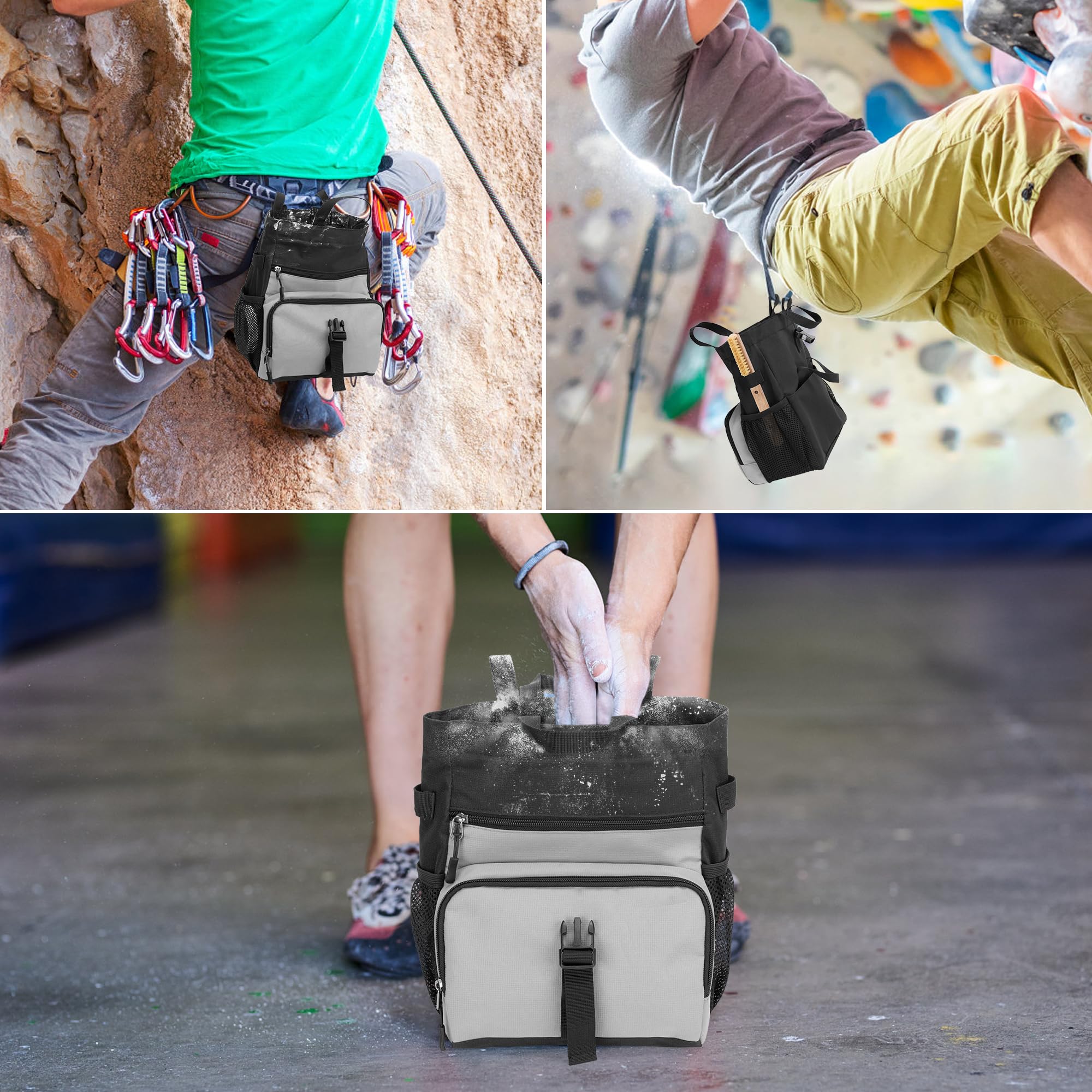 Premium Chalk Bucket Bag for Rock Climbing & Bouldering - Large Capacity with Aluminum Foil Lining, Magnetic Closure, Multiple Pockets & 2 Brush Holders (Patented Design) - Ideal for Indoor/Outdoor Climbing Gyms & Mountain Adventures
