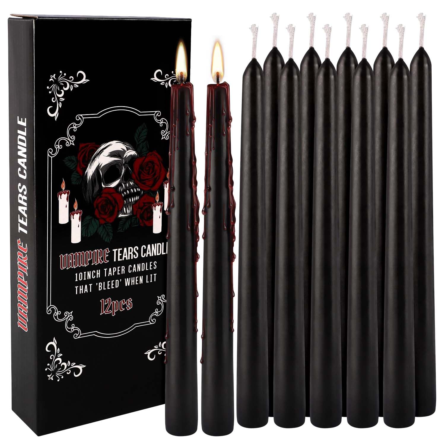 12PCS 10-Inch Black Bleeding Taper Candles - Vampire Tears Dripping Candles for Halloween Decor, Christmas Centerpieces, Gothic Weddings & Themed Party Supplies (Unscented) - Create Spooky Atmosphere for Haunted Houses & Ritual Ceremonies