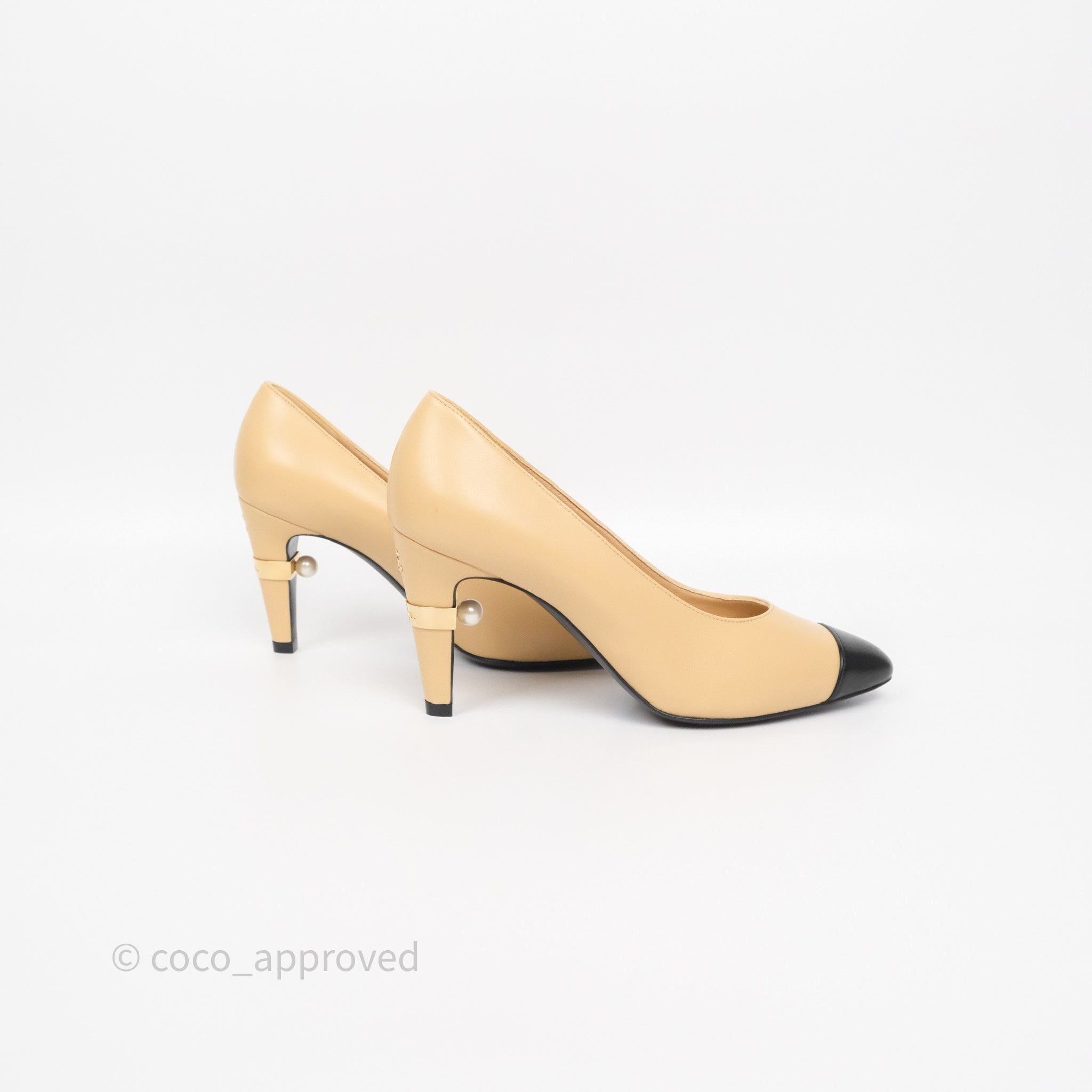 Chanel Beige Pointed Toe Black Pumps with Pearl Accent - Size 36.5C (US 6.5) - Luxury High Heels for Women, Perfect for Weddings, Parties & Formal Events