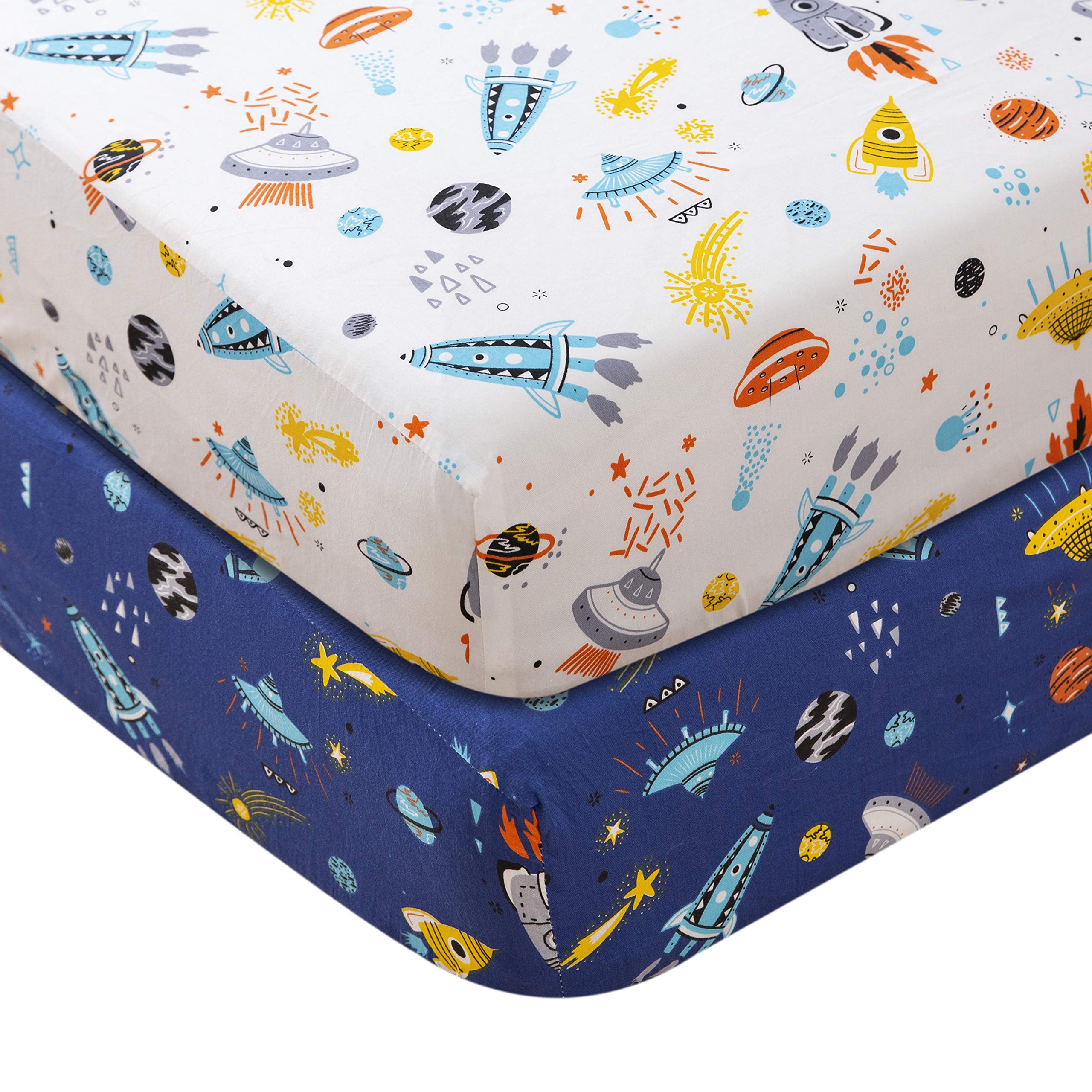 Brandream 2-Pack Baby Boys Crib Sheet Sets - 100% Cotton Fitted Crib Sheets with Outer Space, Rocket & Planet Galaxy Theme (Navy/White) for Newborn & Infant - Soft, Breathable Nursery Bedding for Safe Sleep & Nursery Decor
