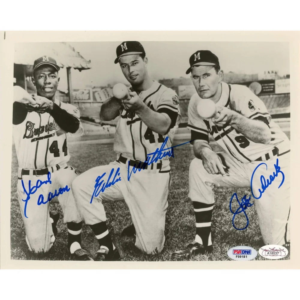 Hank Aaron, Eddie Mathews, Joe Adcock Autographed 8x10 Photo - Atlanta Braves Legends - PSA & JSA Certified - Perfect for Sports Memorabilia Collections and Man Cave Decor