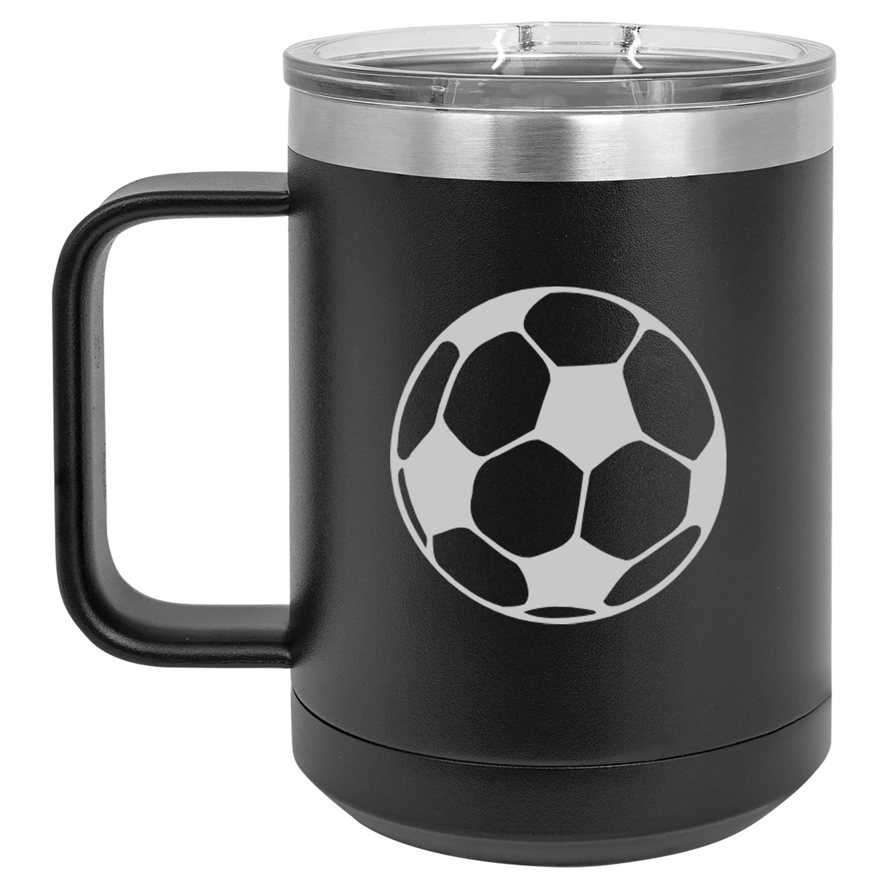15 oz Vacuum Insulated Stainless Steel Tumbler with Handle & Lid - Soccer Ball Design Travel Coffee Mug (Black) - Perfect for Hot/Cold Drinks, Commuting, Camping & Sports Events