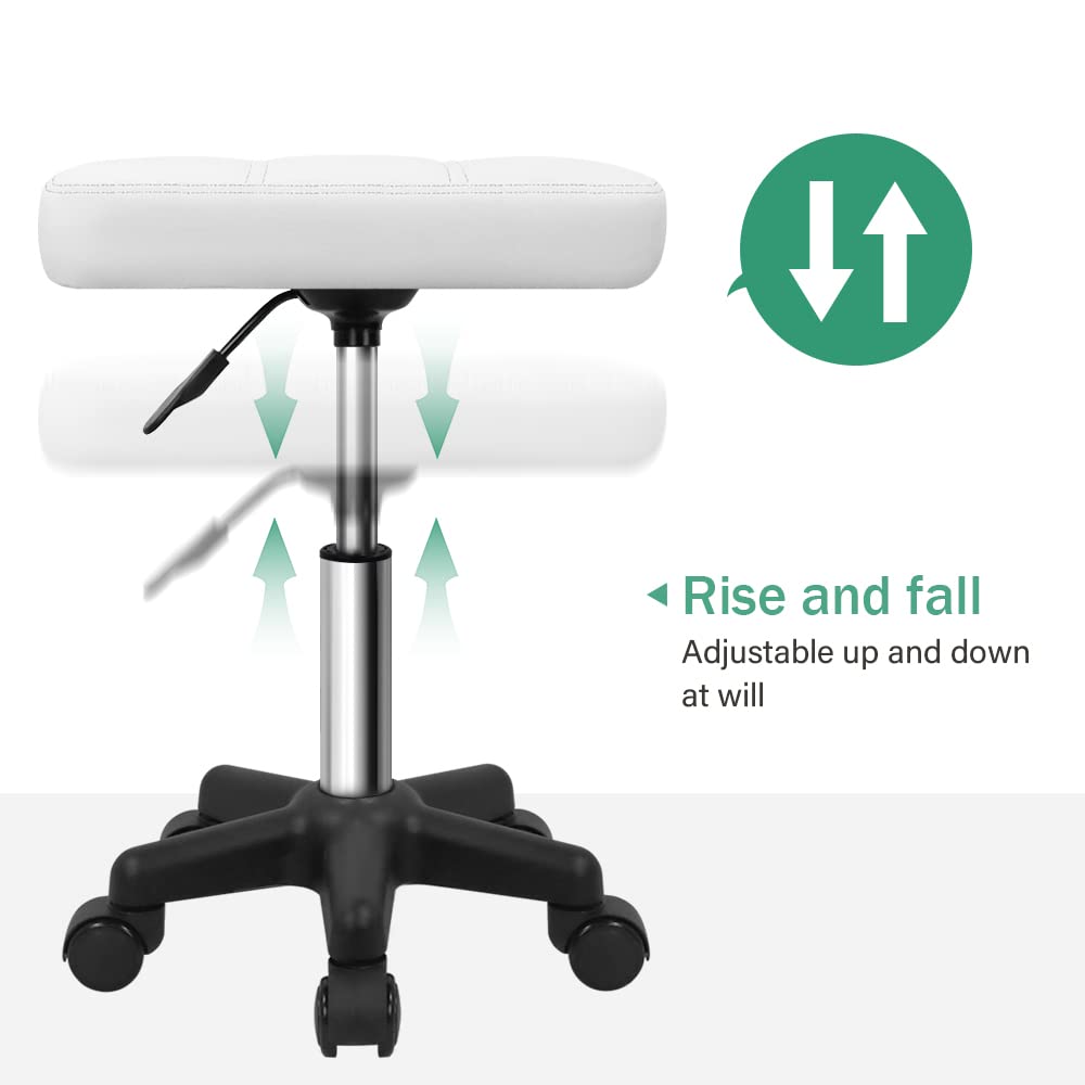 FURWOO Adjustable Height Rolling Stool with Wheels - Swivel Stool Chair for Spa, Salon, Massage - White | Perfect for Hairdressers, Makeup Artists & Beauty Professionals