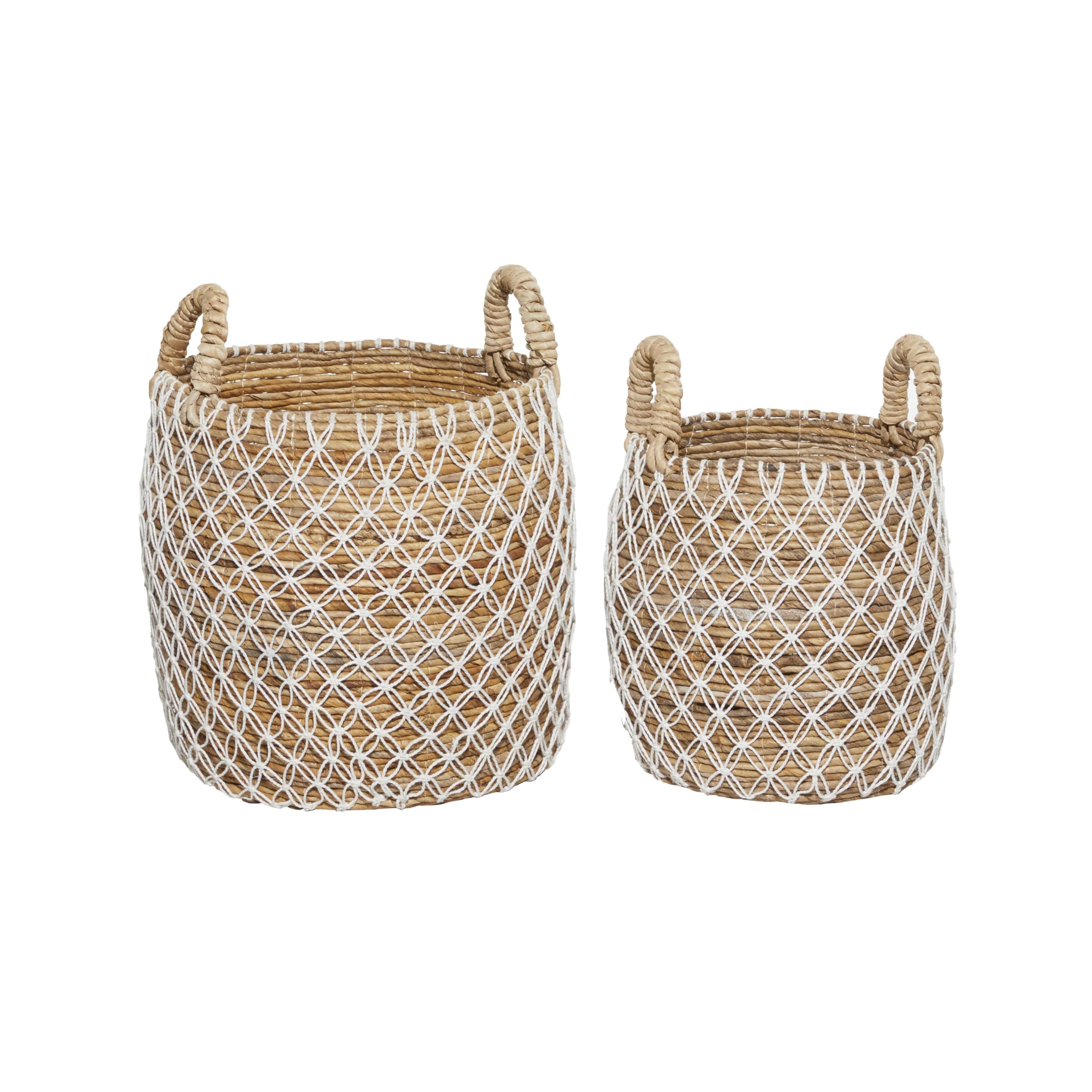 Deco 79 Handmade Banana Leaf Storage Basket Set of 2 - Natural Woven Organizer with Handles (19