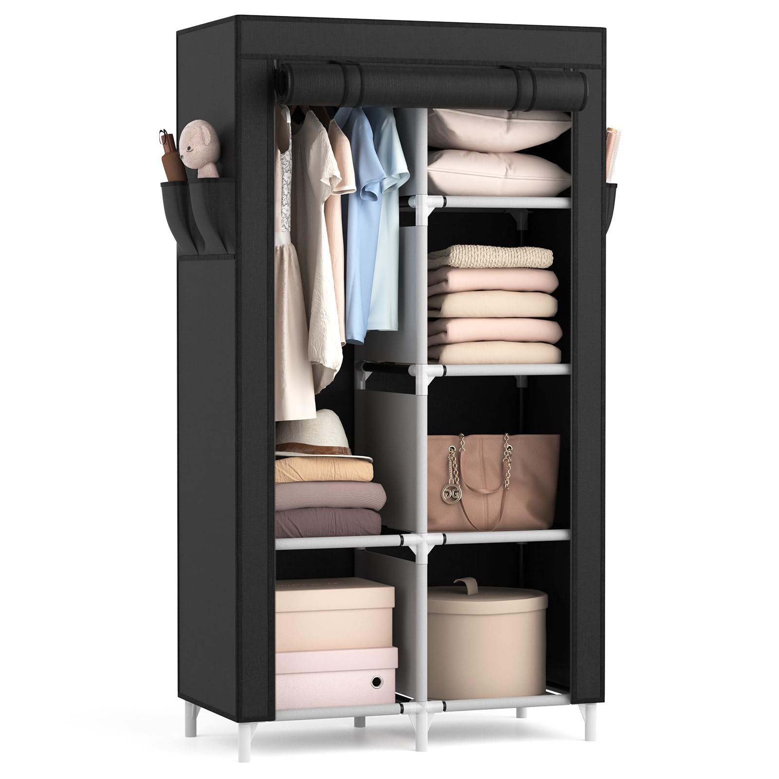Portable Closet Wardrobe with 6 Shelves & 4 Pockets - Free Standing Clothes Organizer with Hanging Rod for Bedroom, Closet, Dorm - Easy Assembly & Sturdy Frame for Hanging Clothes Storage