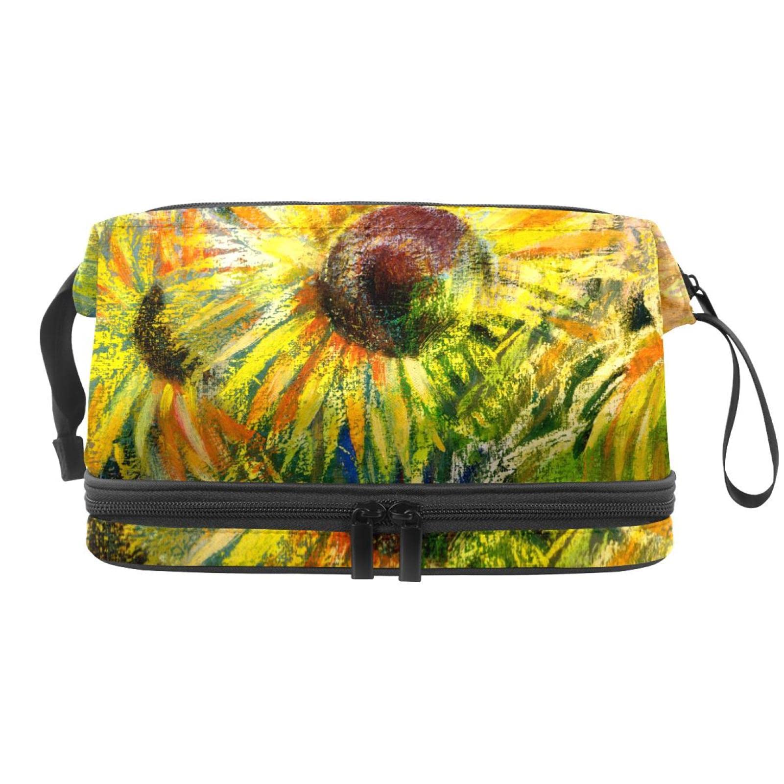 Large Travel Cosmetic Bag for Women - Sunflower Field Design Makeup Organizer & Toiletry Pouch - Perfect for Vacations, Gym, and Daily Essentials Storage