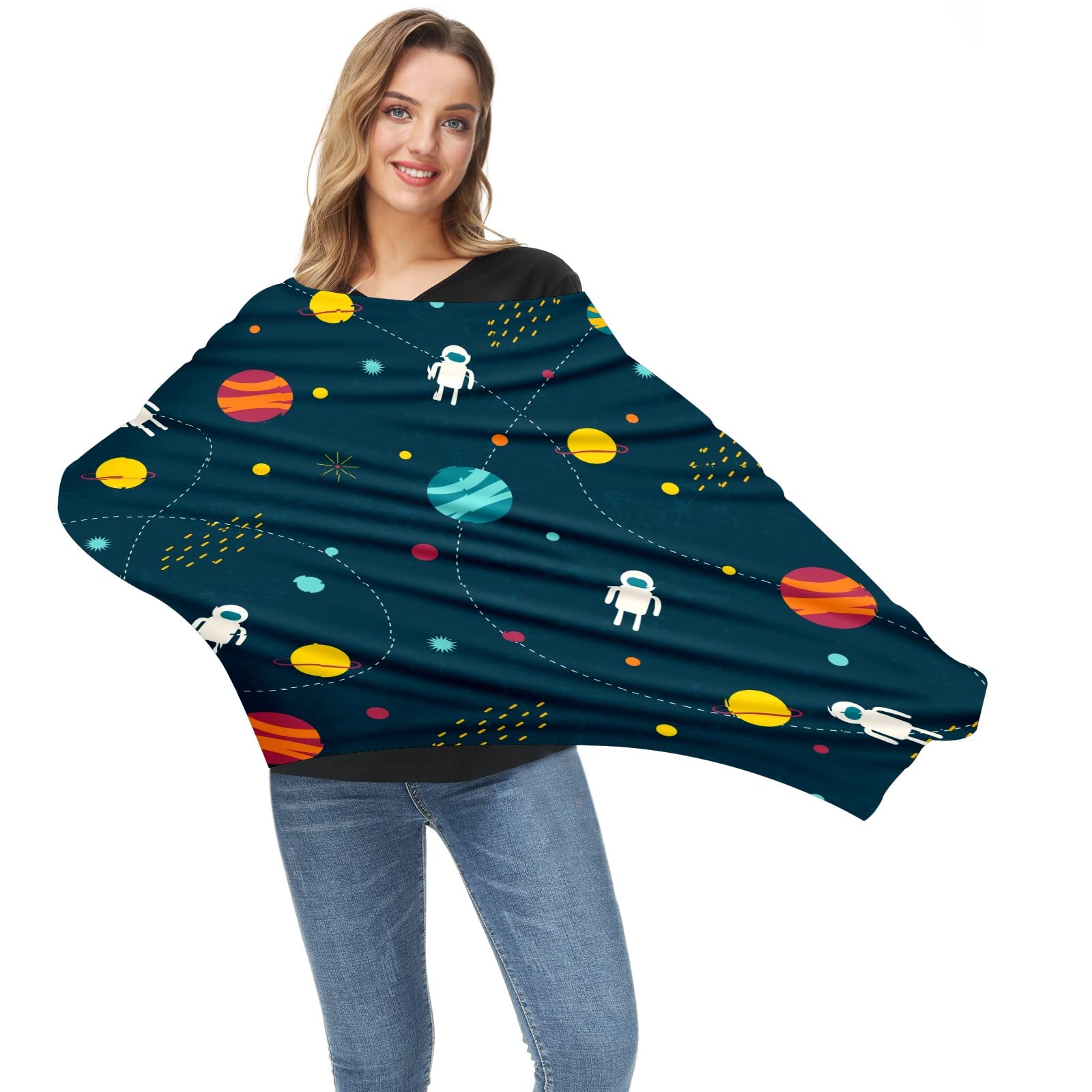 Universal Baby Car Seat & Stroller Cover with Outer Space Planets Design - Soft Stretchy Nursing Cover for New Moms - Breathable Infant Car Canopy for Boys & Girls - Perfect for Travel, Breastfeeding, and Outdoor Protection