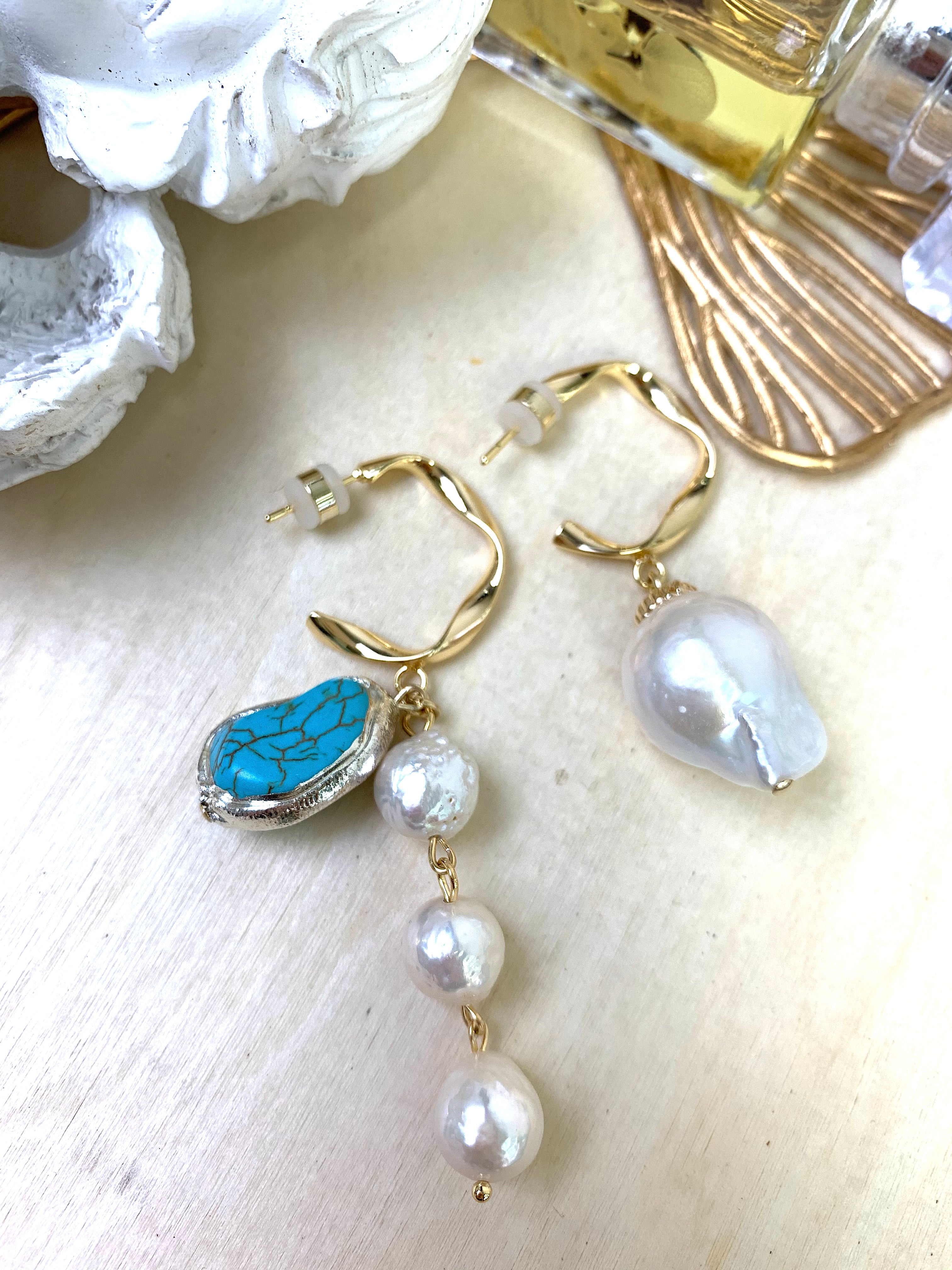 Handmade Freshwater Pearl & Turquoise Asymmetric Dangle Earrings EE008 – Perfect for Boho Chic, Wedding & Party Jewelry