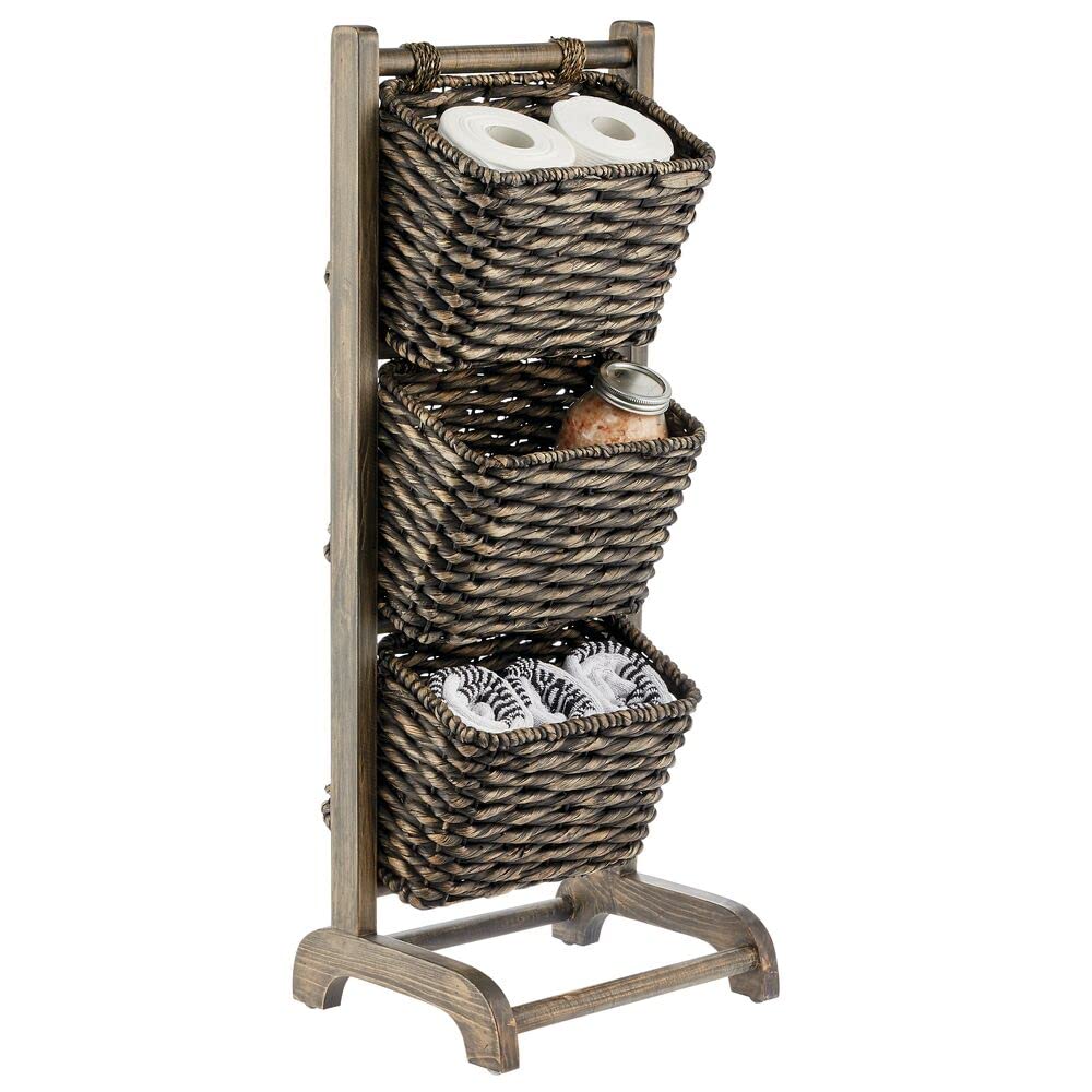 mDesign 3-Tier Wooden Storage Shelf with Decorative Baskets - Organizer for Living Room, Bedroom, Office, Laundry & Bathroom - Holds Clothes, Blankets, Books - Black Wash Finish - Perfect for Home Organization & Space Saving