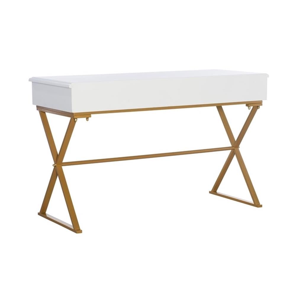 Modern 2-Drawer Wood and Metal Office Desk in White & Gold - Stylish Home Office Furniture for Small Spaces, Work from Home & Study Rooms