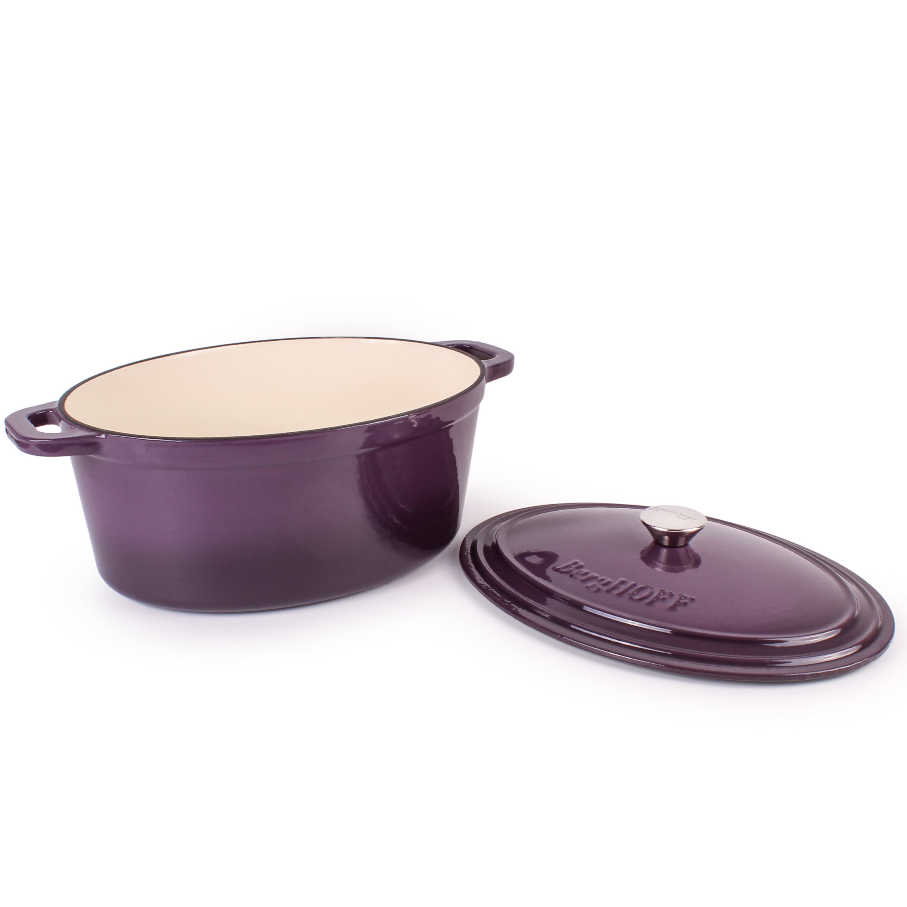 BergHOFF Neo 5-Piece Cast Iron Oval Dutch Oven Set with 10-Inch Fry Pan, 5-Quart & 8-Quart, Purple - Perfect for Braising, Roasting, and Slow Cooking in the Oven or on the Stovetop