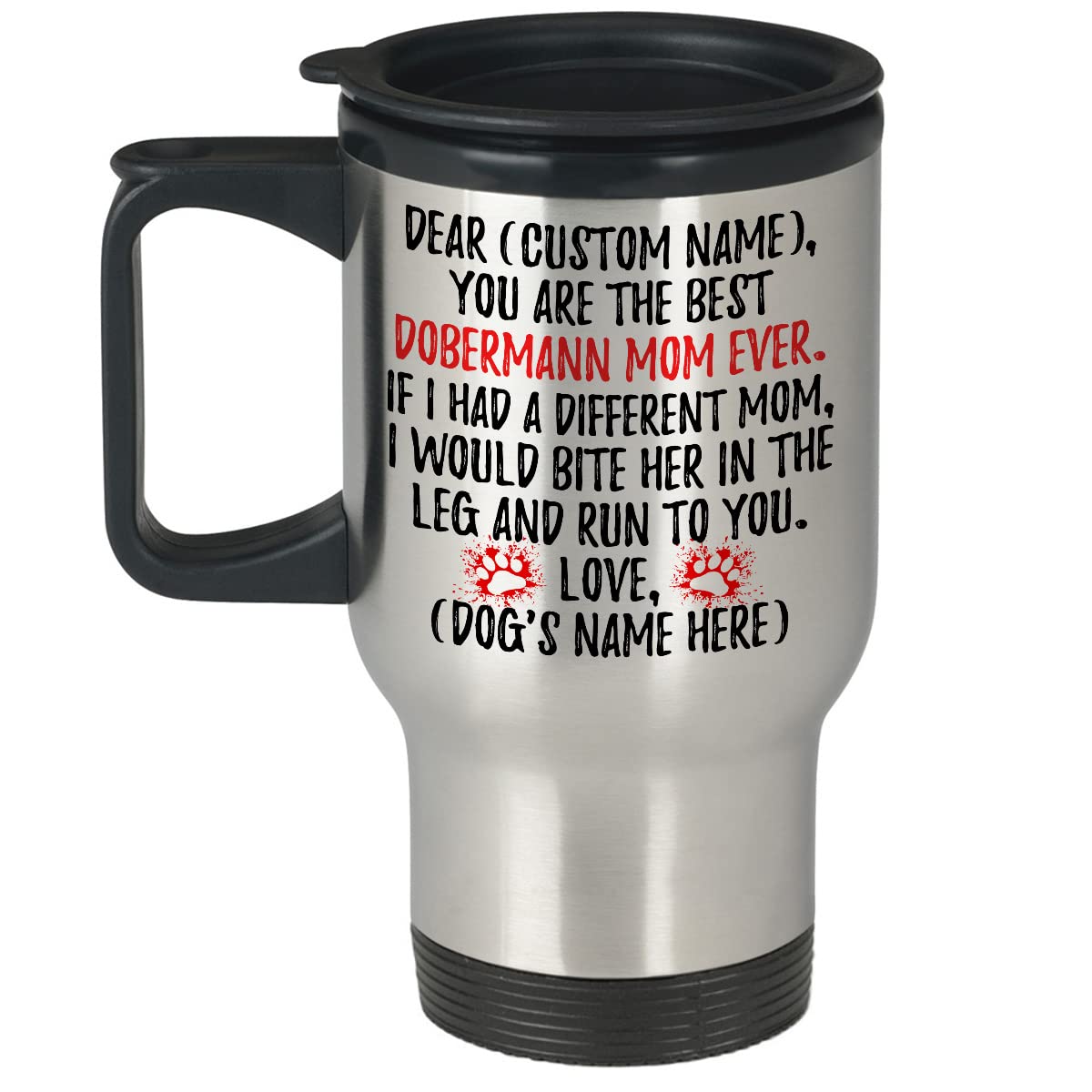 Personalized Doberman Pinscher Dog Mom Travel Mug - 14oz Insulated Coffee Cup with Lid - Unique Gift for Doberman Owners, Dog Lovers & Pet Moms - Perfect for Coffee, Tea, Commuting & Office Use