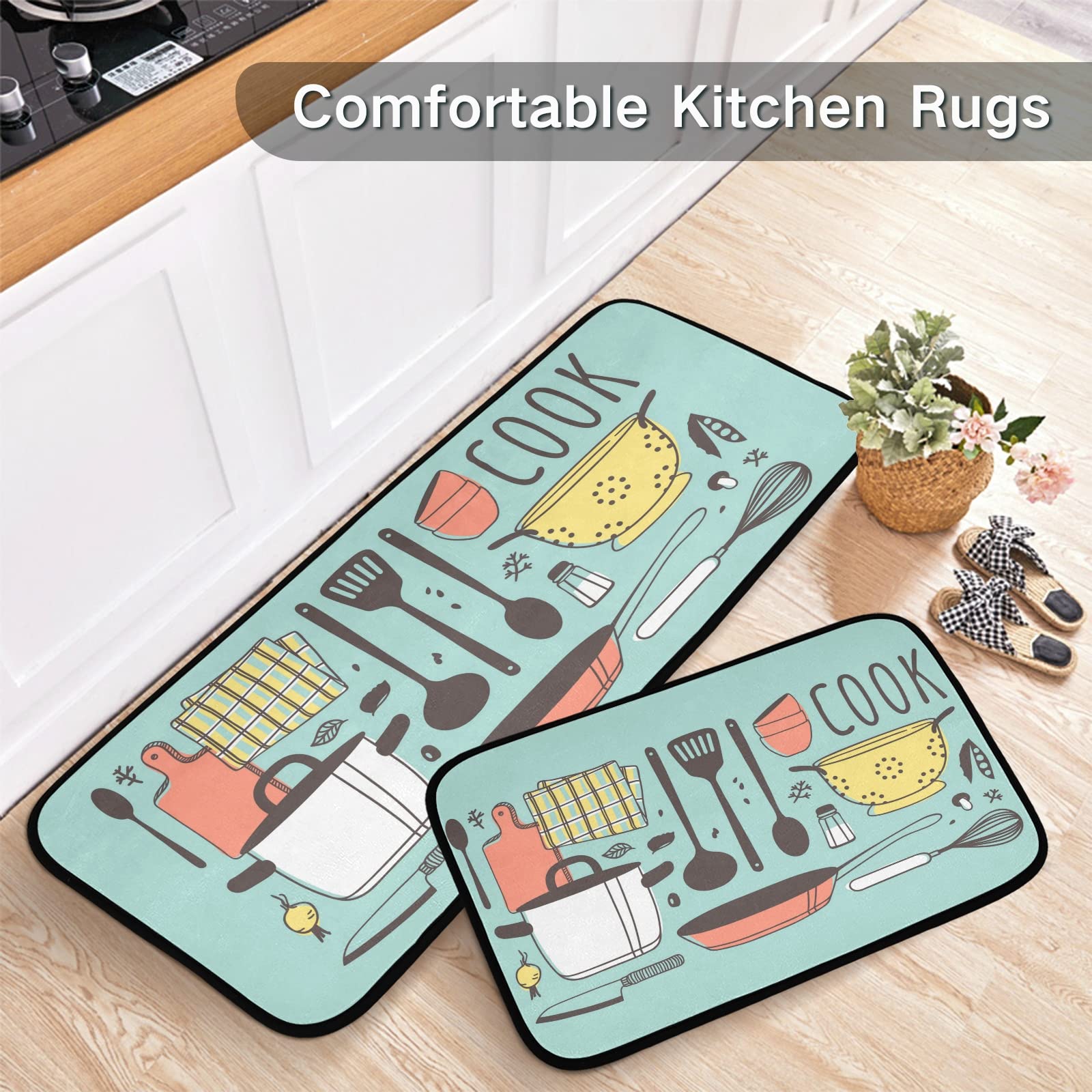 SUABO Non-Slip Kitchen Mat Set of 2 - Anti-Fatigue Floor Mats for Cooking, Standing Comfort in Kitchen & Bathroom - Waterproof, Cushioned Rugs for Sink, Stove & Work Areas
