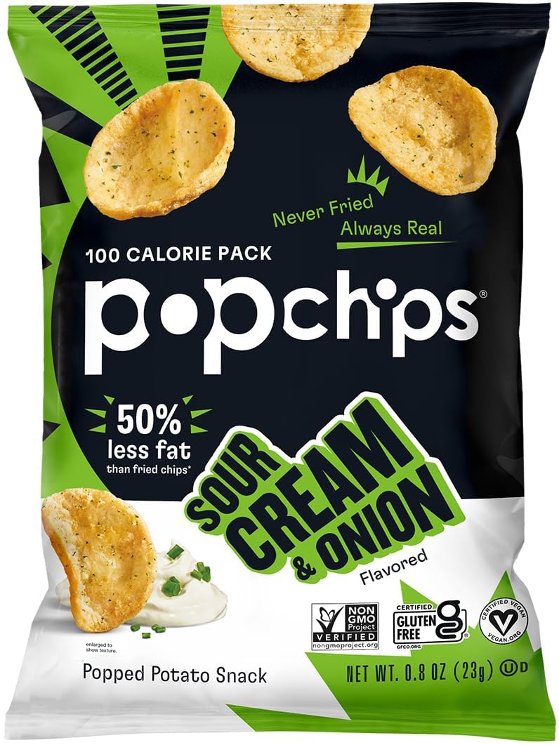 Popchips Sour Cream & Onion Potato Chips - 24 Pack of 0.8oz Single Serve Bags | Low Calorie, Gluten Free & Kosher Certified | Healthy Snacks for Adults & Kids | Perfect for Lunchboxes, Parties & On-the-Go Snacking