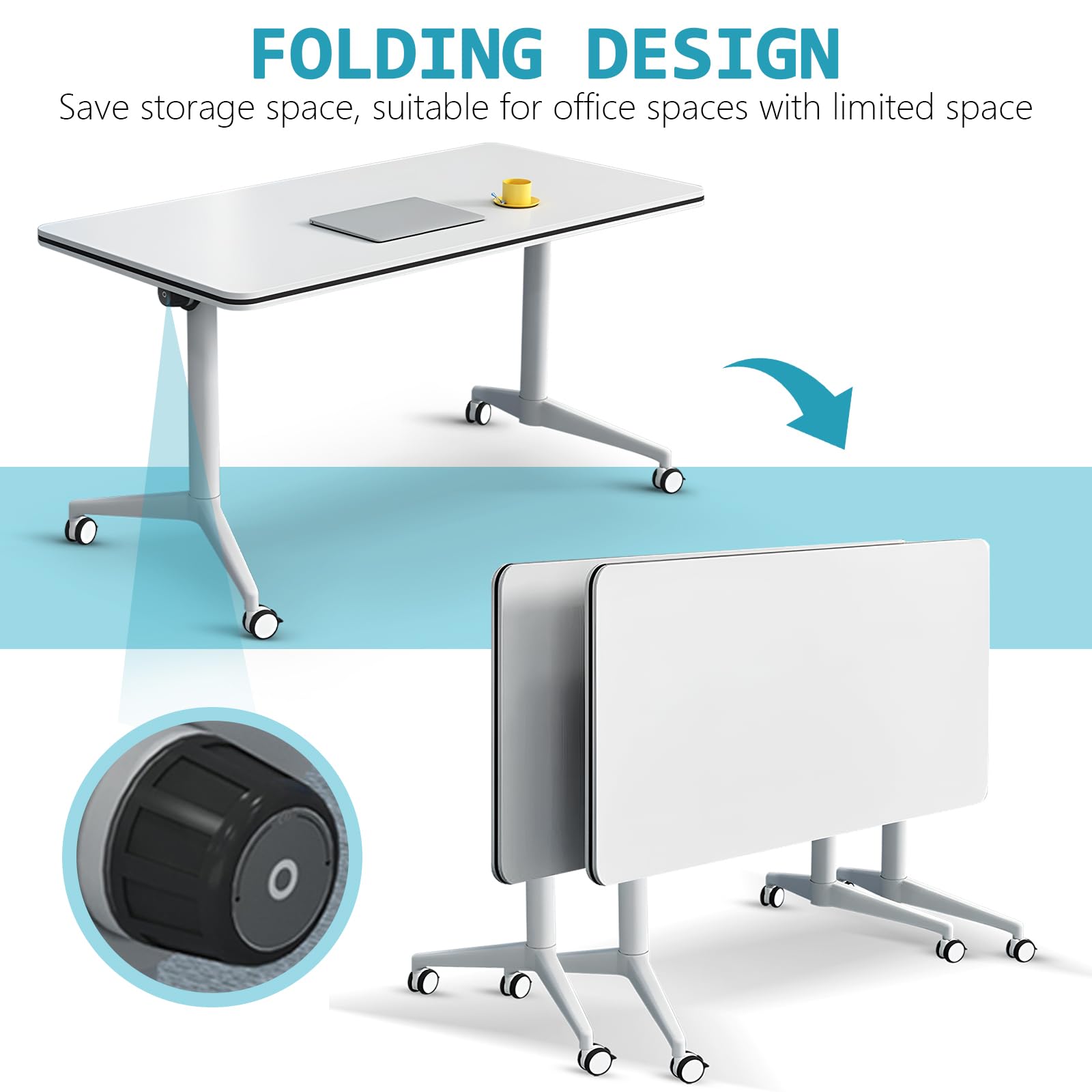 Foldable Conference Table with Wheels - White Rectangular Meeting Table for 2-10 People, Flip Top Design (47.2