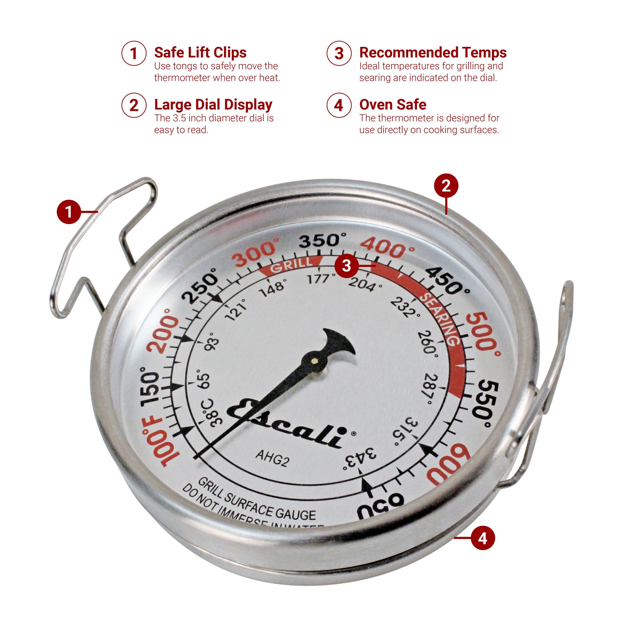 Extra Large Grill Surface Thermometer - High Precision BBQ Meat Cooking Thermometer for Smoker, Oven, Griddle - Perfect for Grilling, Smoking, and Outdoor Cooking
