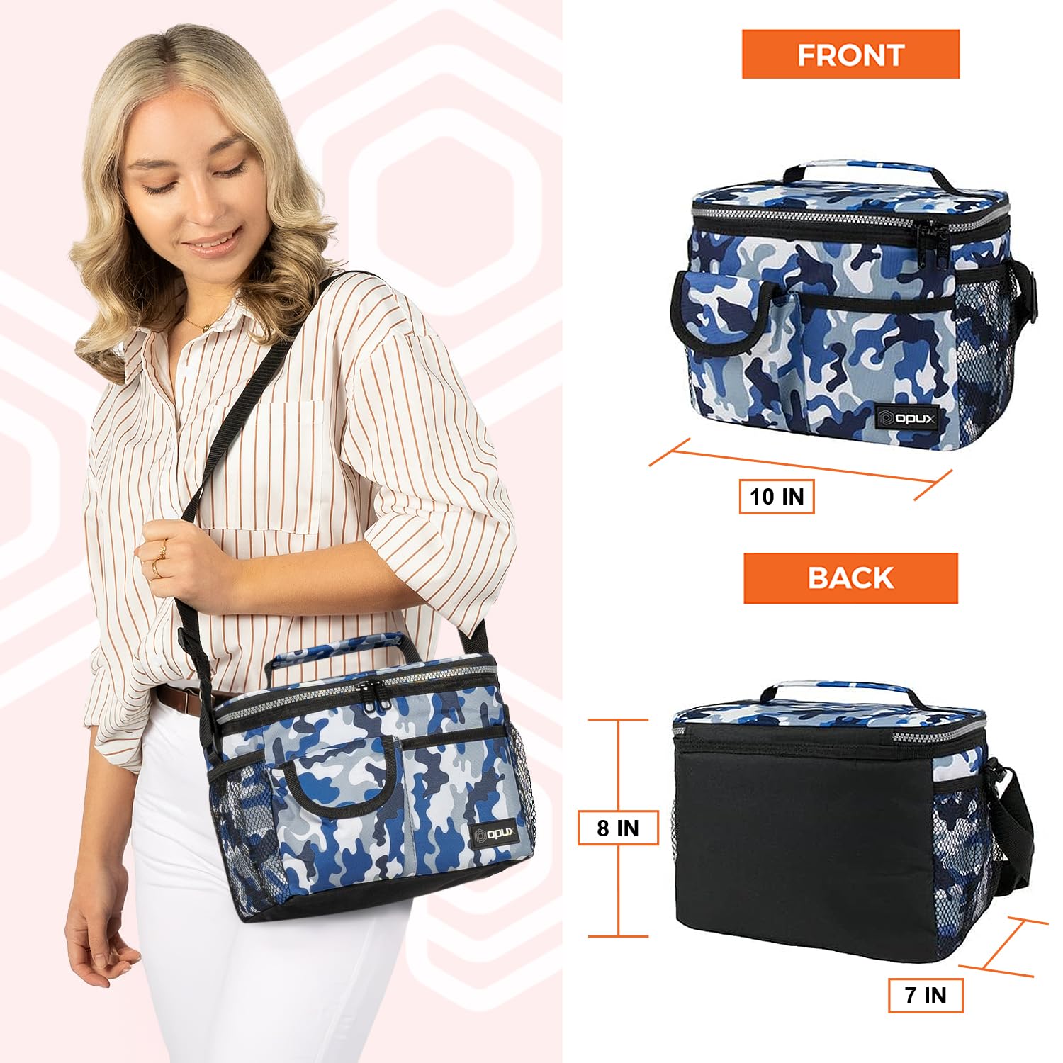 Opux Insulated Lunch Bag for Men & Women - Leakproof Camo Blue Lunch Box for Work, School & Picnics - Portable Soft Cooler Bag with Shoulder Strap - Adult & Kids Lunchbox Holds 14 Cans/8L - Perfect for Office, Hiking, Camping & Daily Commute