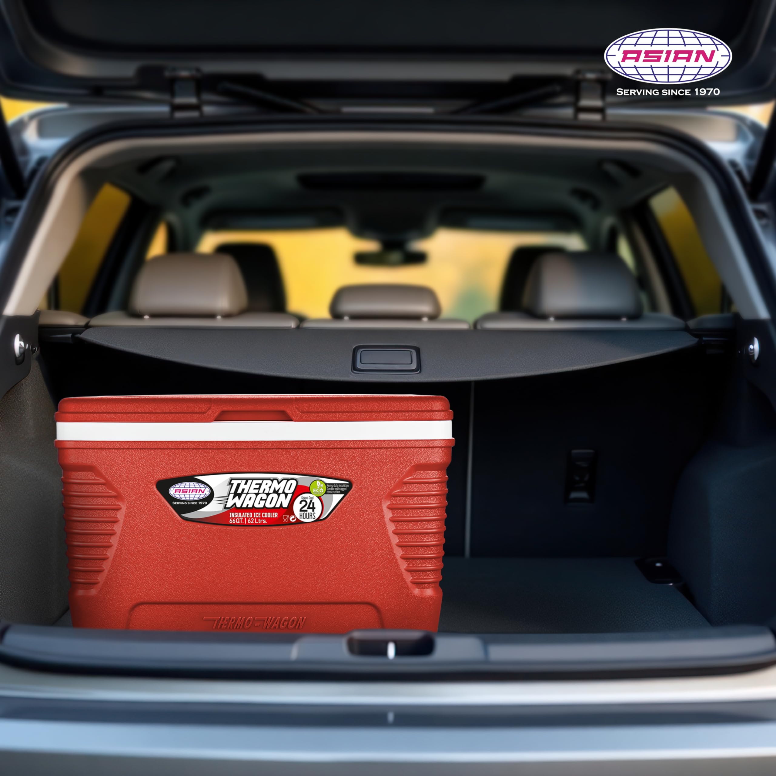 Asian Plastowares - Thermowagon Star 62L Insulated Cooler for Drinks | Portable Ice Chest for Parties, Travel & Medical Use | Keeps Beverages, Cans & Ice Cubes Cold | Red Standard Size Cooler Box for Outdoor Activities & Picnics