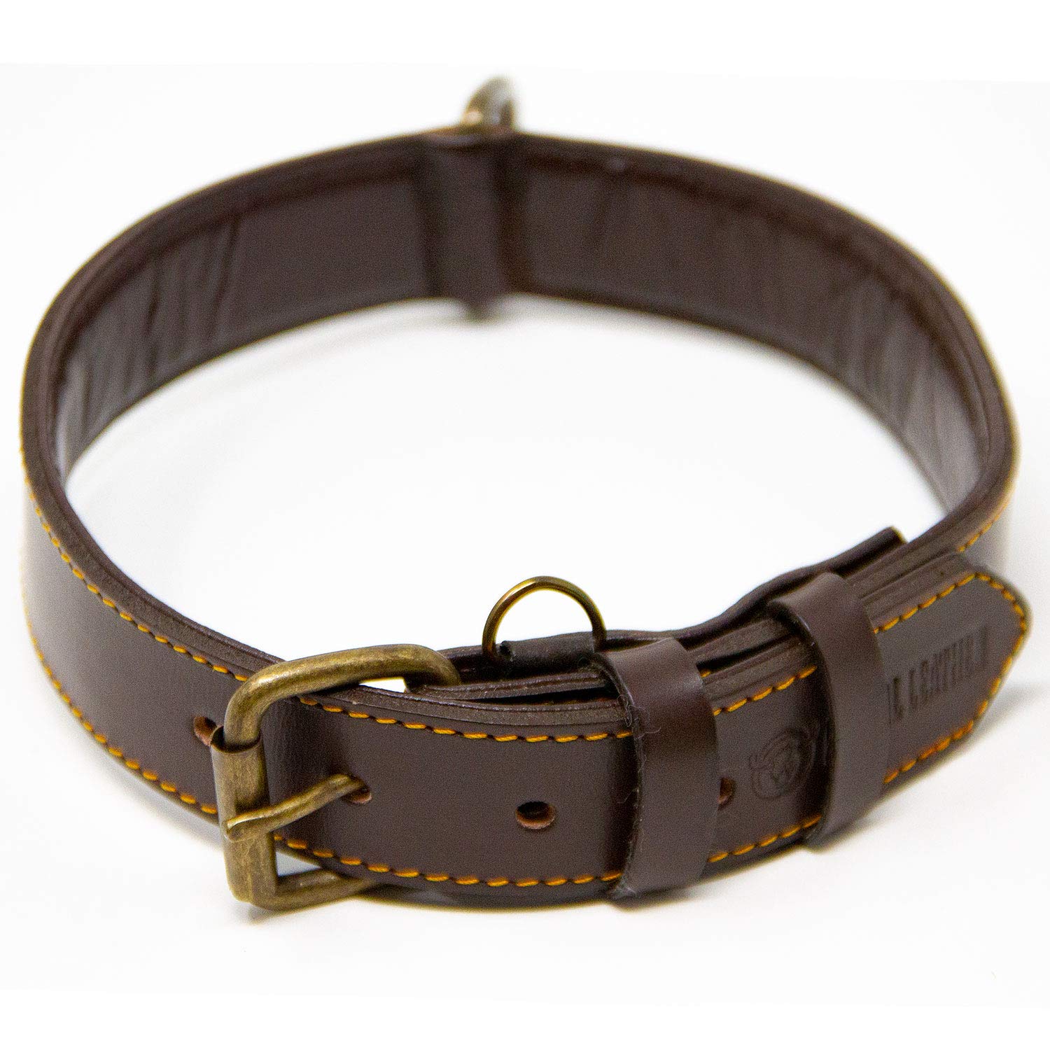 Premium Full Grain Padded Genuine Leather Dog Collar for Large Breeds - Adjustable Brown Leather Pet Collar with Heavy Duty Buckle - Perfect for Walking, Training & Outdoor Adventures