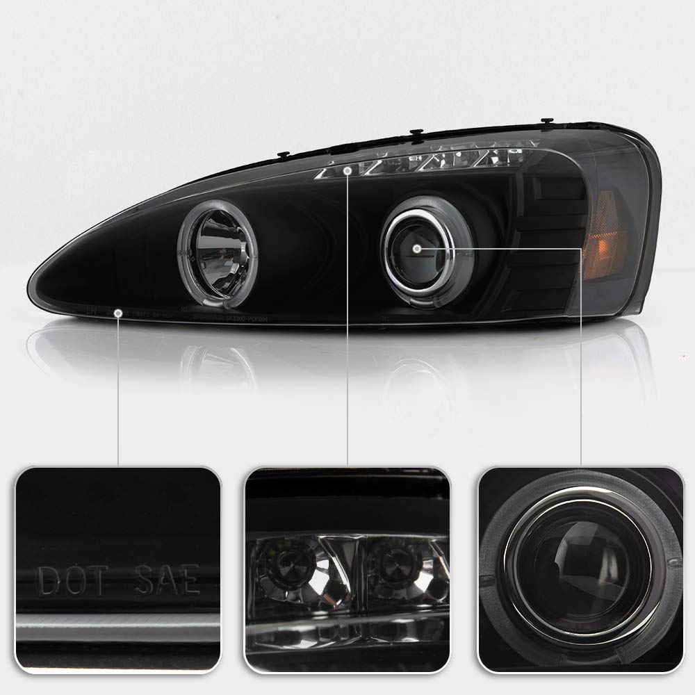 ACANII LED Halo Black Smoked Projector Headlights for 2004-2008 Pontiac Grand Prix - Driver & Passenger Side Headlamps - Upgrade Your Night Driving Visibility & Style