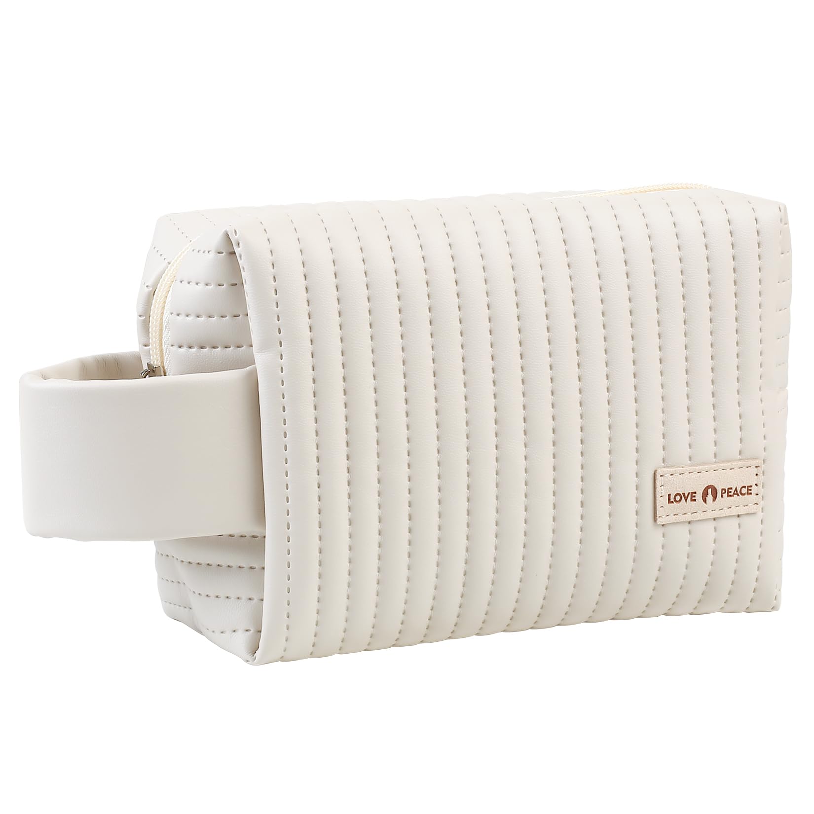 Small Makeup Bag for Women - PU Leather Striped Waterproof Cosmetic Pouch with Handle, Travel Toiletry Organizer | Perfect for Travel, Gym & Daily Essentials (Beige)