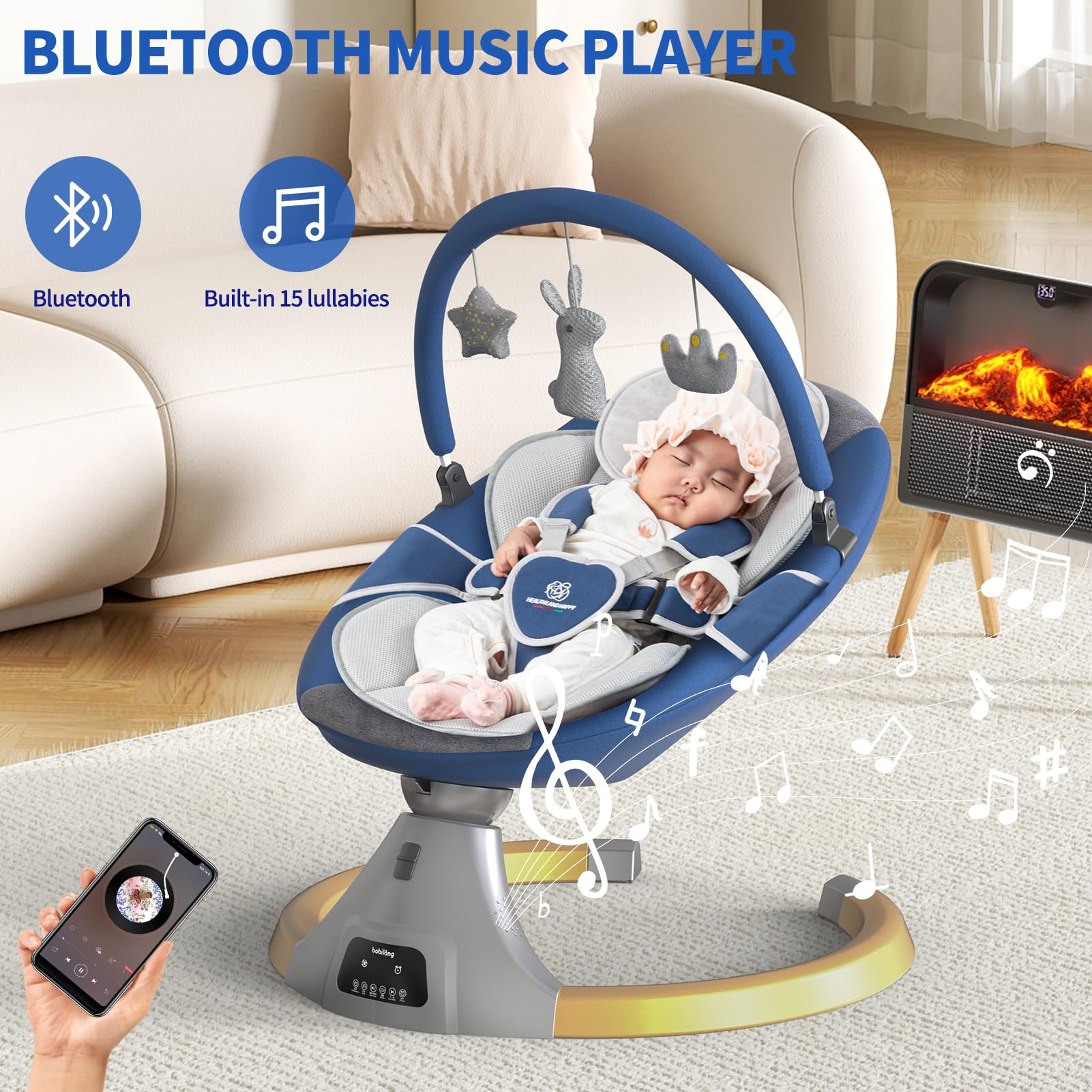 Electric Baby Swing for Infants & Newborns - Portable Rocker Bouncer with 12 Lullabies, 5 Speed Settings, Fitness Rack & Mosquito Net - Perfect for Nursery, Daycare & Travel Use