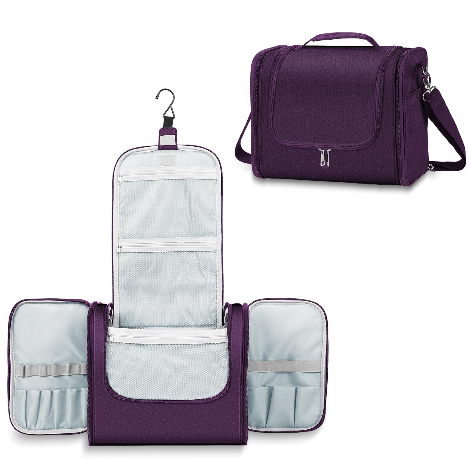 Buruis Large Hanging Toiletry Bag for Women & Men - Waterproof Cosmetic Organizer with Extra Capacity for Travel Essentials, Makeup, Full-Sized Toiletries (Purple) - Perfect for Air Travel, Camping & Gym Use