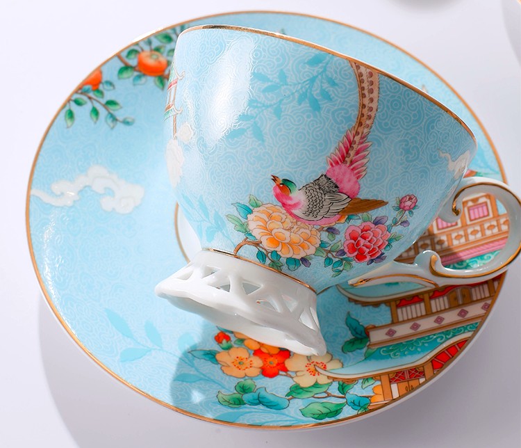 Elegant Oriental Pheasant Ceramic Tea Cup Set - Beautiful Bird Pattern Bone China Porcelain Cups with Saucers in Gift Box - Perfect for Afternoon Tea, Home Decor & Unique Gifts