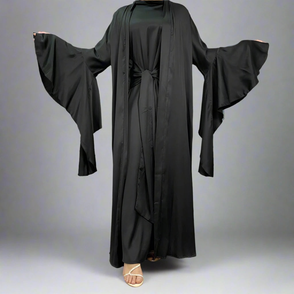 2 Piece Set Satin Open Abaya Dress for Women - Elegant Muslim Prayer Dress & Evening Wear - Perfect for Ramadan, Eid, and Special Occasions