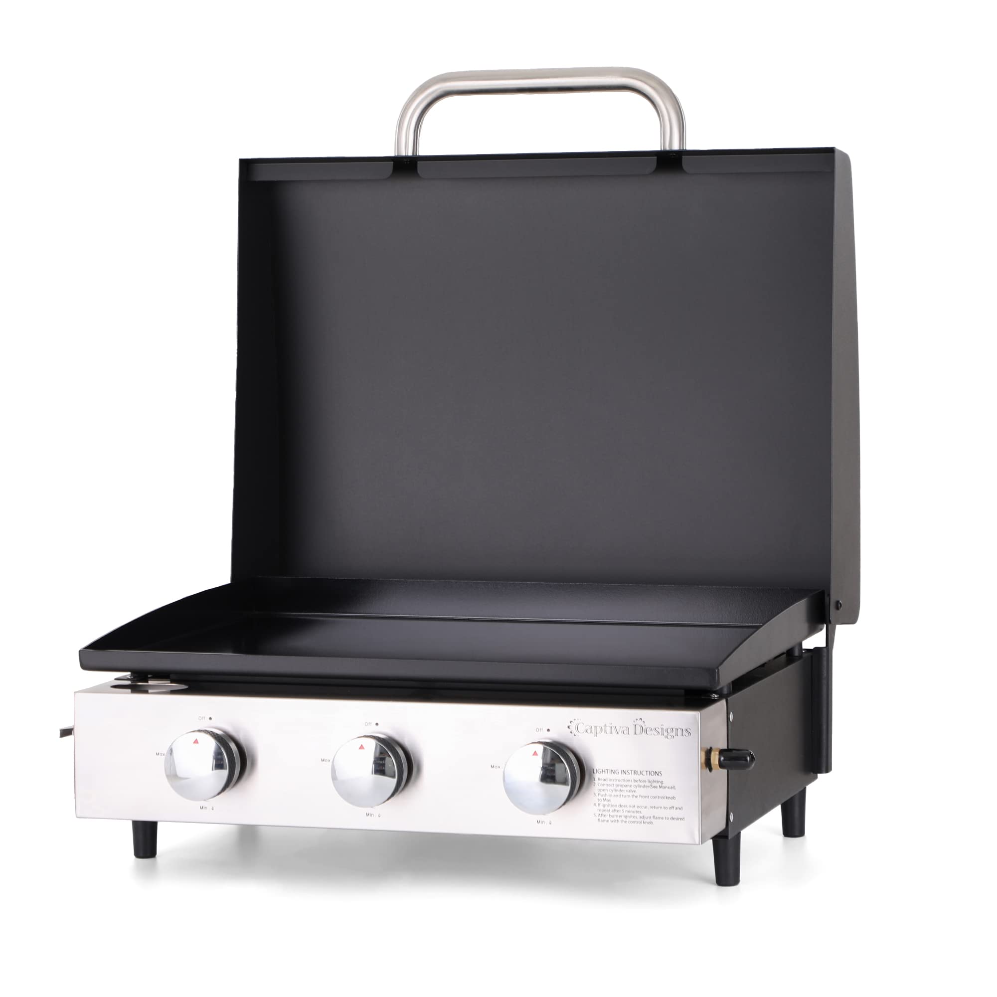 MFSTUDIO 22 Inch Flat Top Grill with Ceramic Coated Cast Iron Pan - 3 Burner Portable Tabletop Propane Gas Griddle - 24,000 BTU for Camping, Outdoor Cooking, Tailgating & Backyard BBQ - Perfect for Pancakes, Burgers, Steaks & Family Gatherings